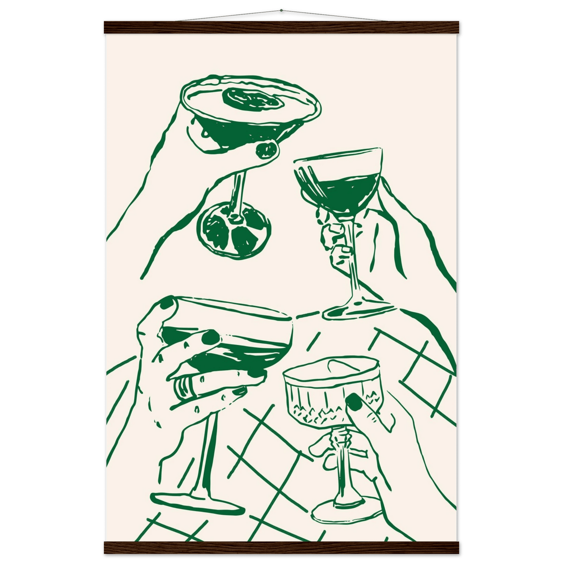 Cheers Print | Forest Green Cocktail Glasses Wall Art | Kitchen Bar Poster - Evergreen Posters