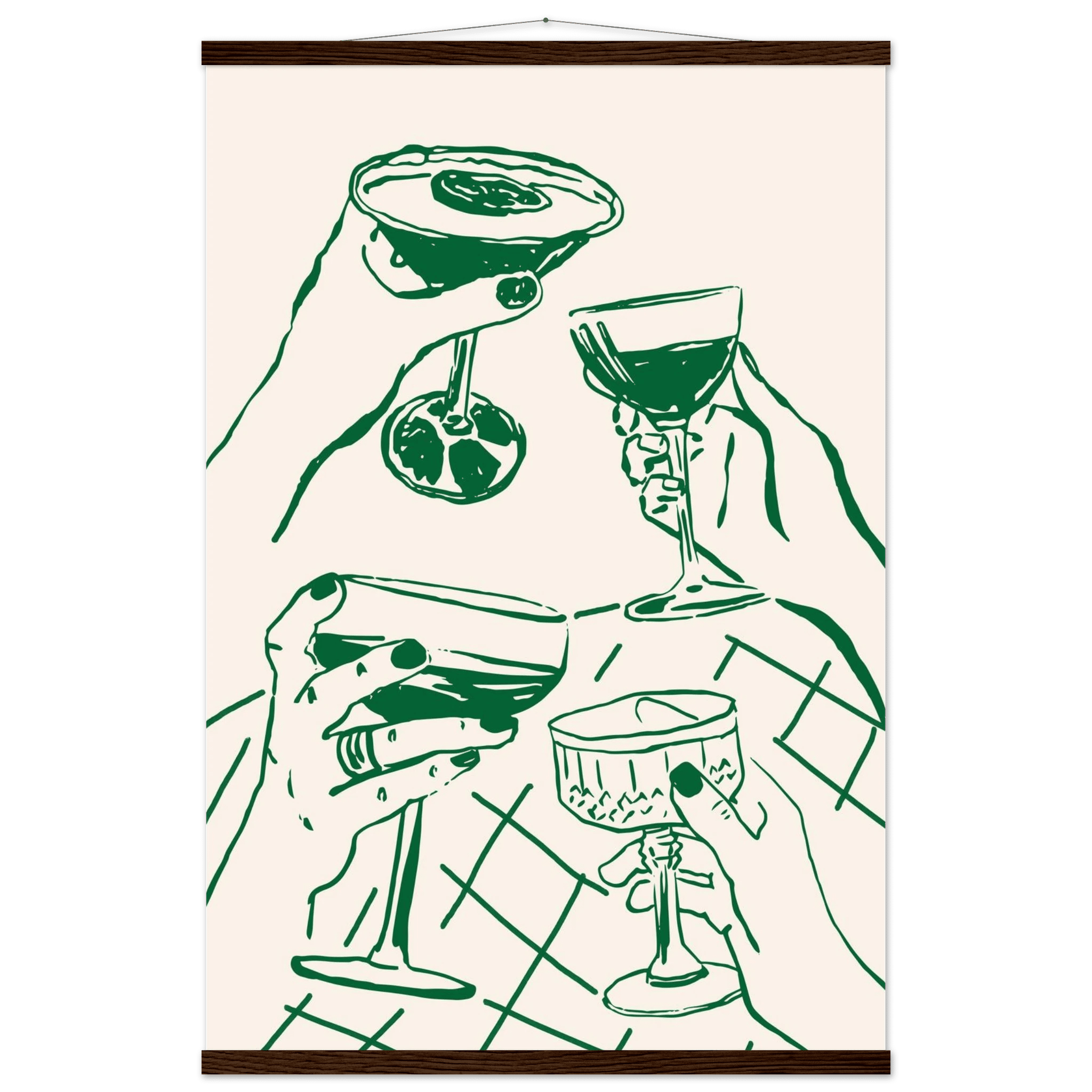 Cheers Print | Forest Green Cocktail Glasses Wall Art | Kitchen Bar Poster - Evergreen Posters