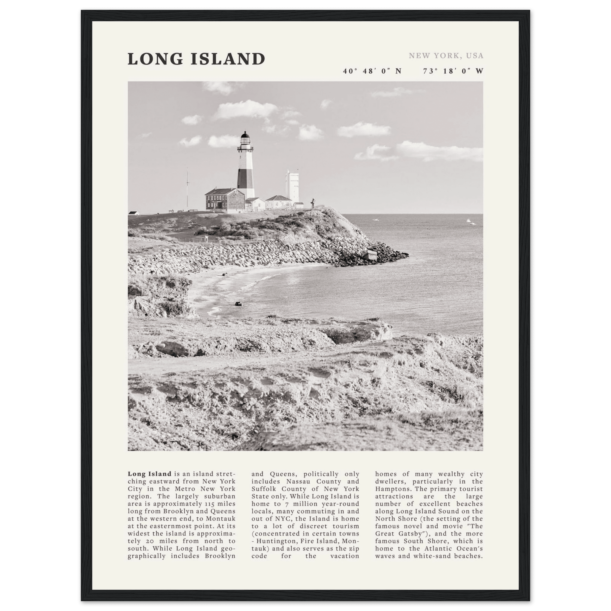 Long Island Poster | Black & White Montauk Lighthouse Wall Art | New York Print - Evergreen Posters