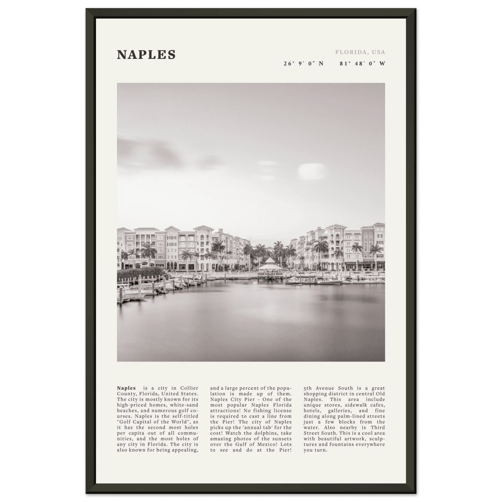 Naples Florida Poster | Black & White Gulf Coast Wall Art | FL Travel Print - Evergreen Posters