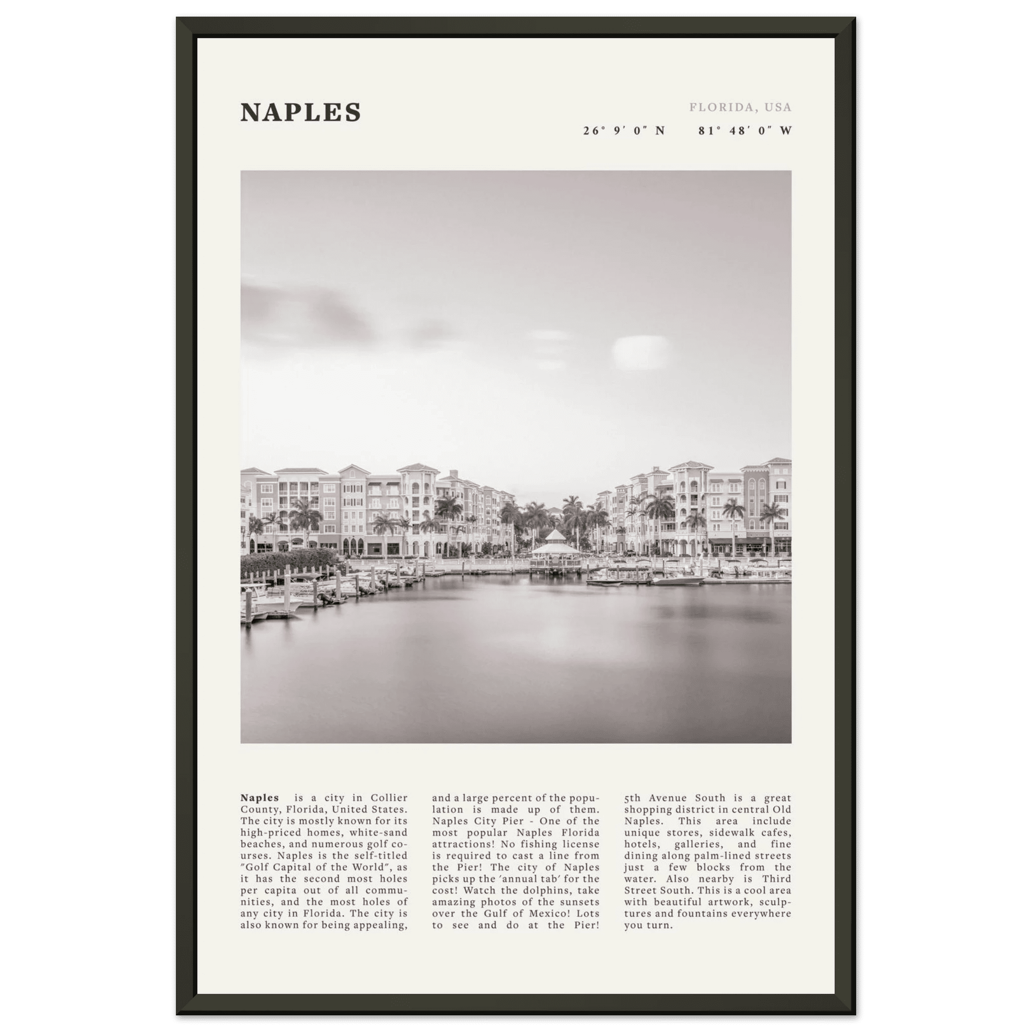 Naples Florida Poster | Black & White Gulf Coast Wall Art | FL Travel Print - Evergreen Posters