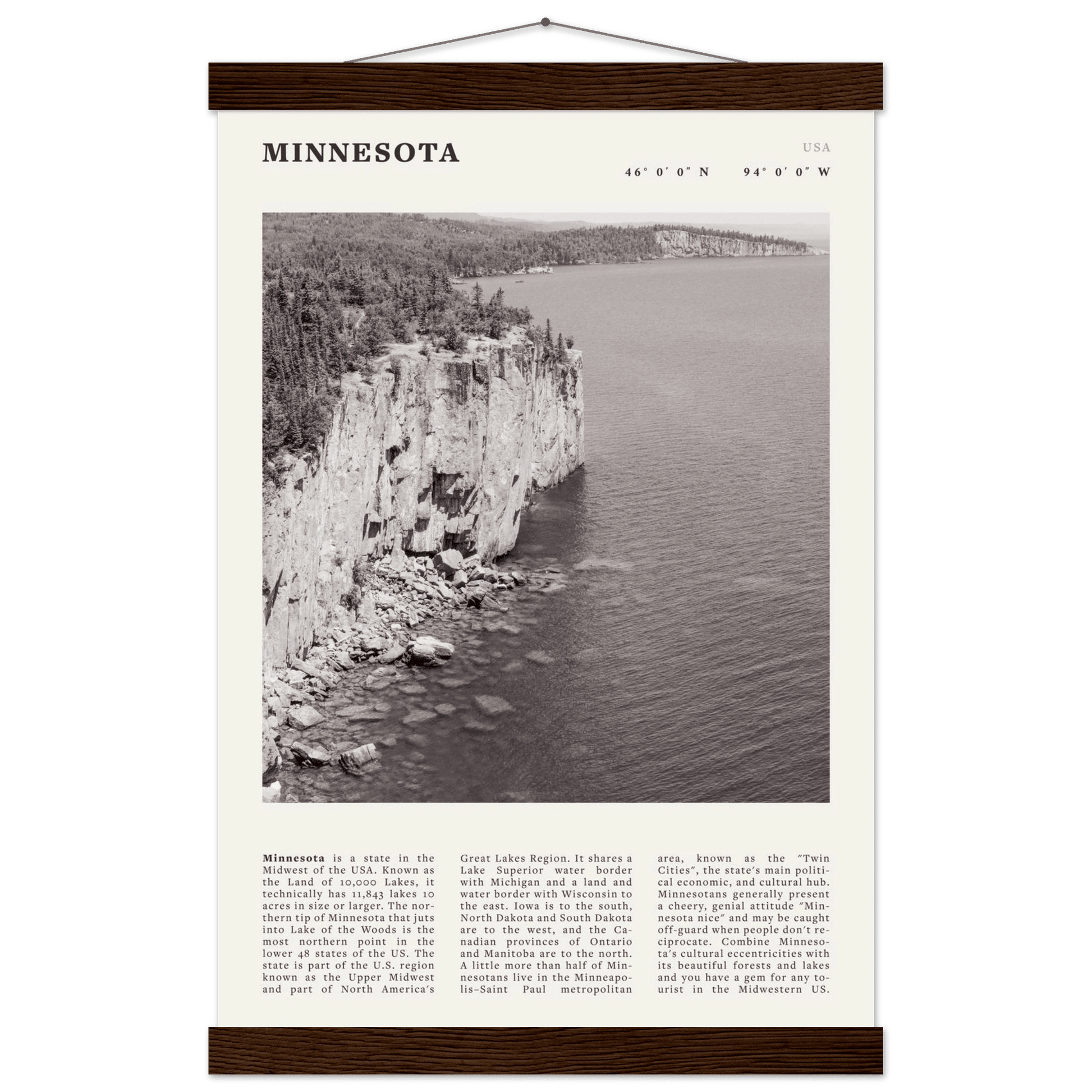 Minnesota Poster | Black & White Lake Superior Wall Art | USA Nature Travel Print - Evergreen Posters