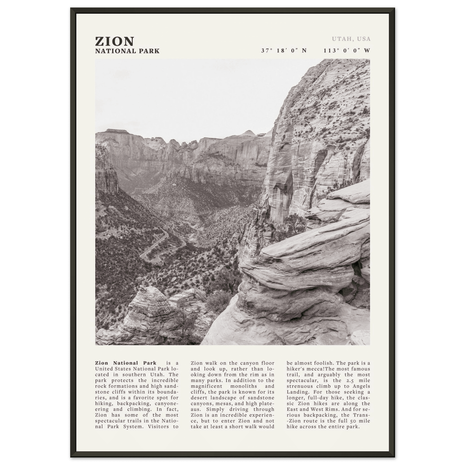 Zion National Park Poster | Black & White Utah Canyon Wall Art | USA Travel Print - Evergreen Posters