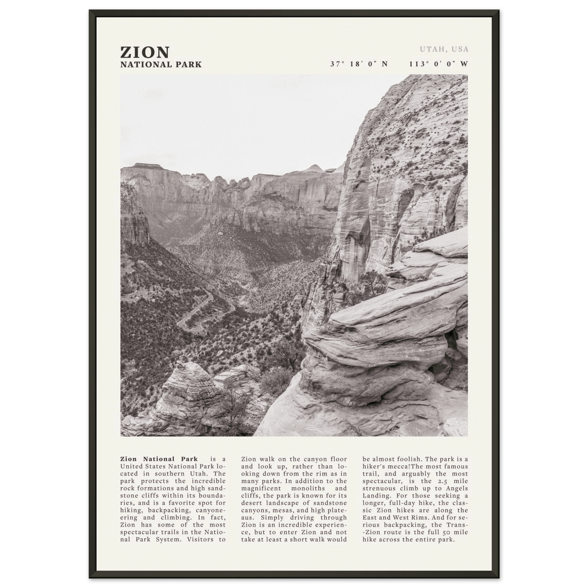 Zion National Park Poster | Black & White Utah Canyon Wall Art | USA Travel Print - Evergreen Posters