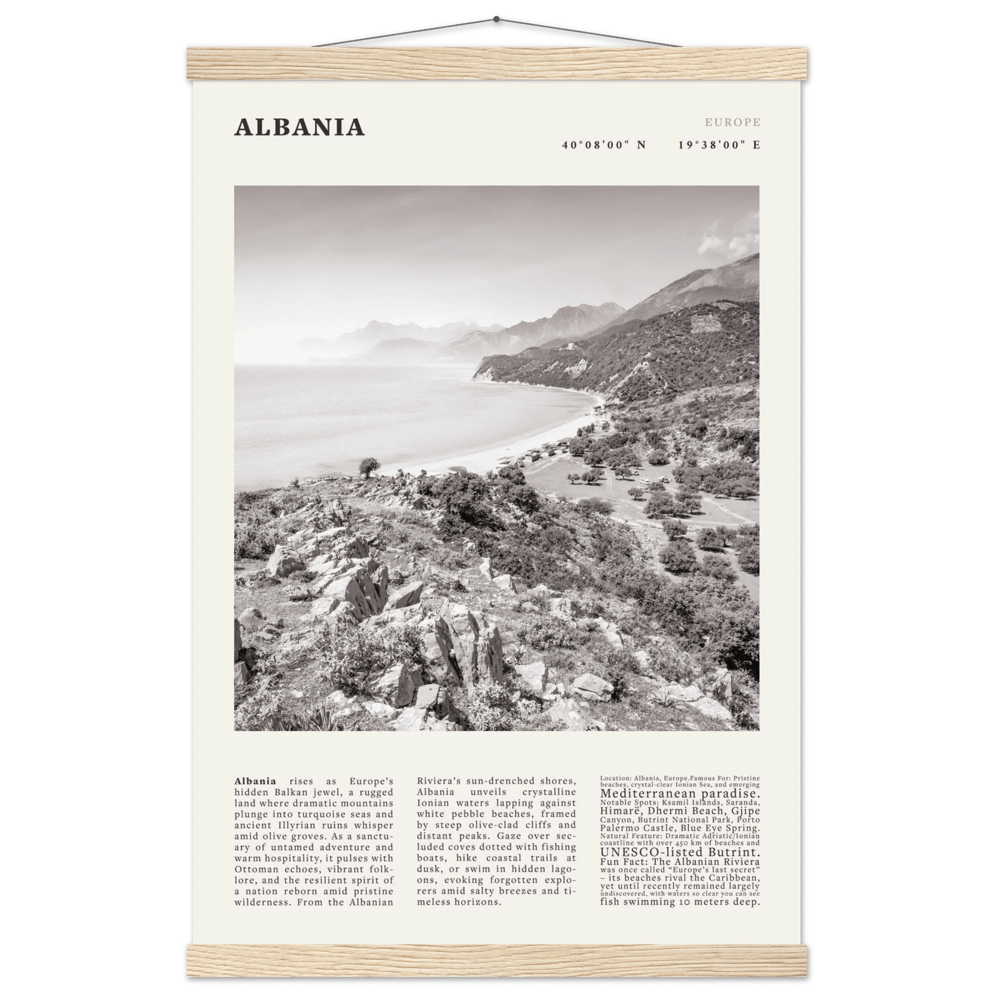 Albania Poster Black and White – Vintage Albanian Riviera Travel Print (Digital & Printed Options) - Evergreen Posters