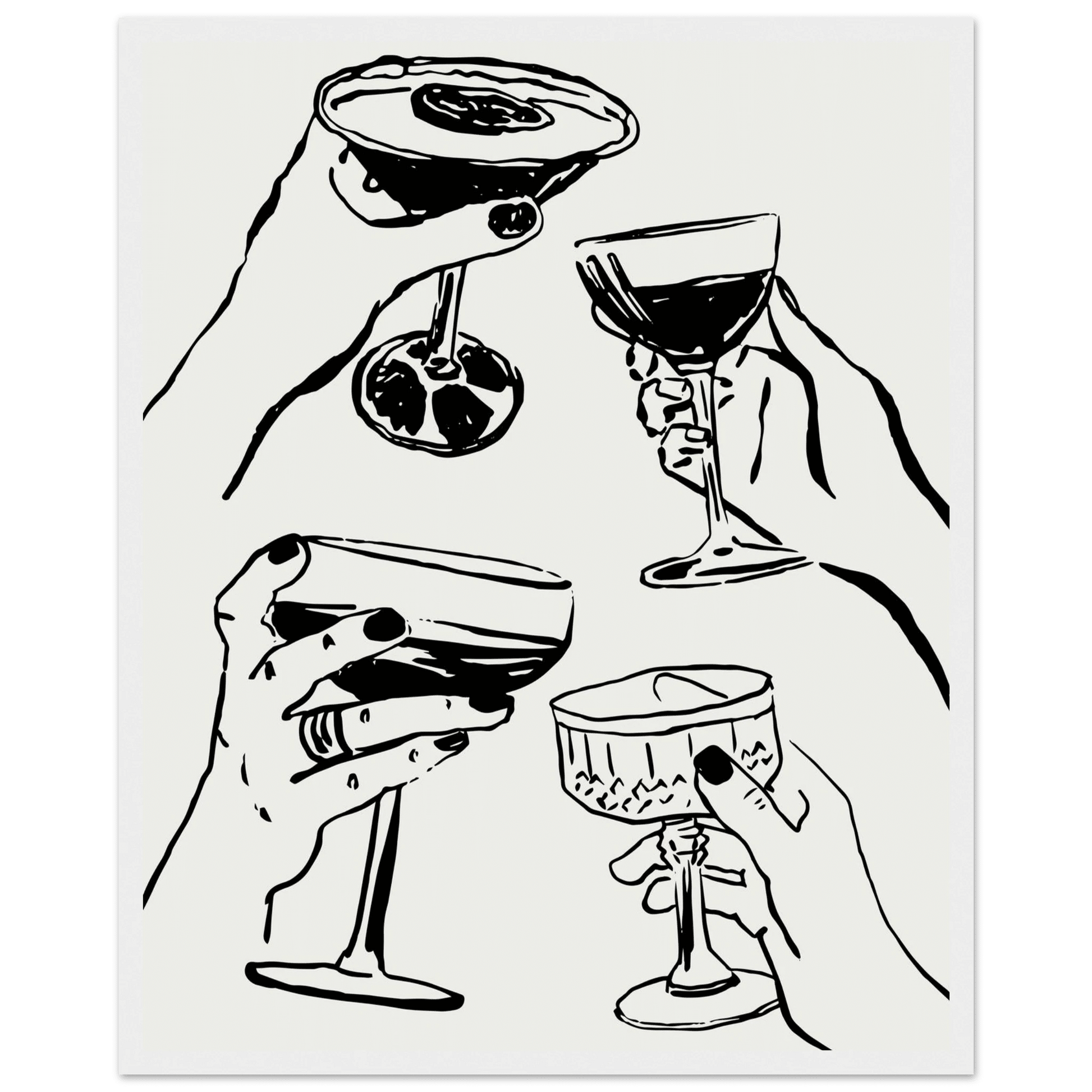 Cheers Print | Black Line Art Cocktail Glasses Wall Art | Kitchen Bar Poster - Evergreen Posters