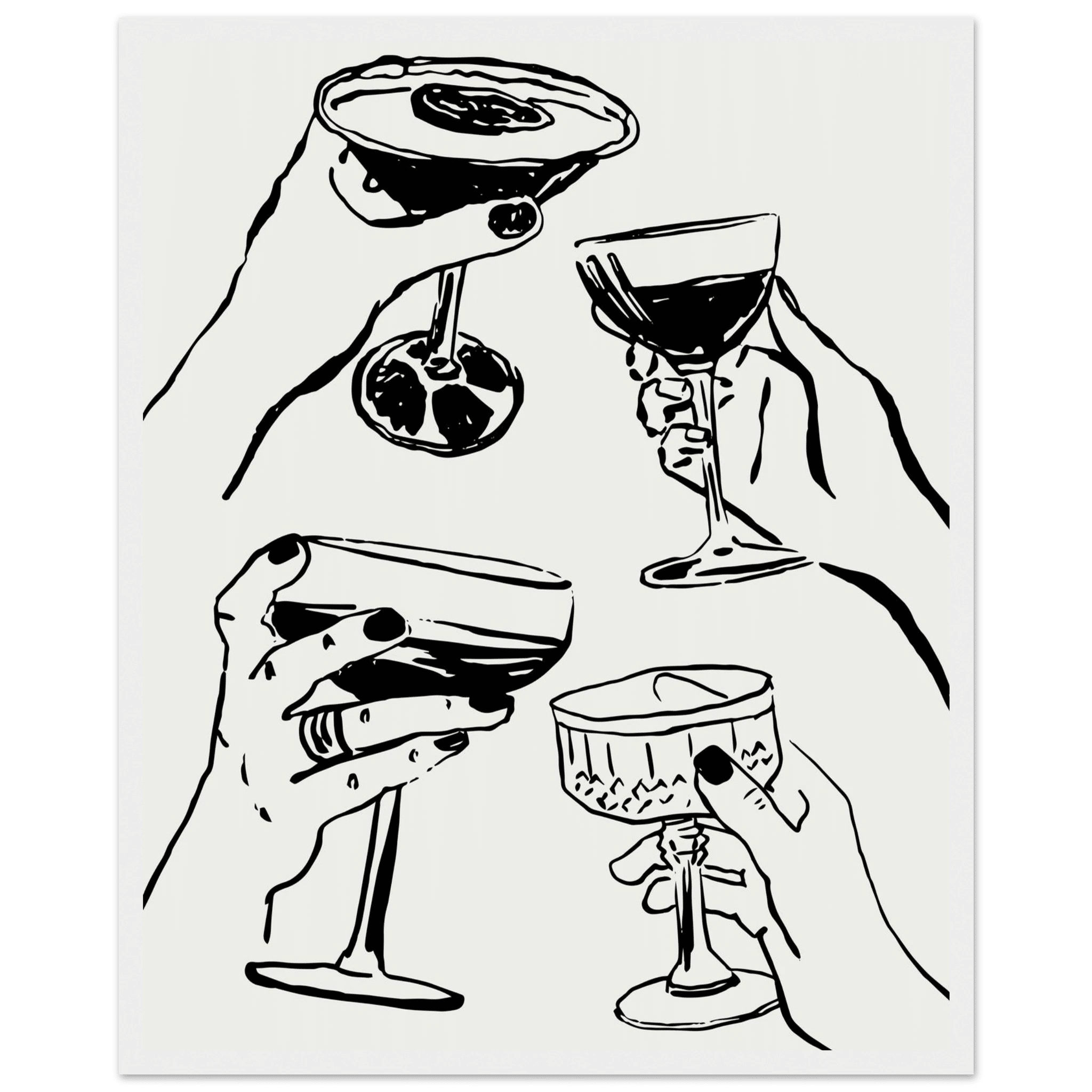 Cheers Print | Black Line Art Cocktail Glasses Wall Art | Kitchen Bar Poster - Evergreen Posters