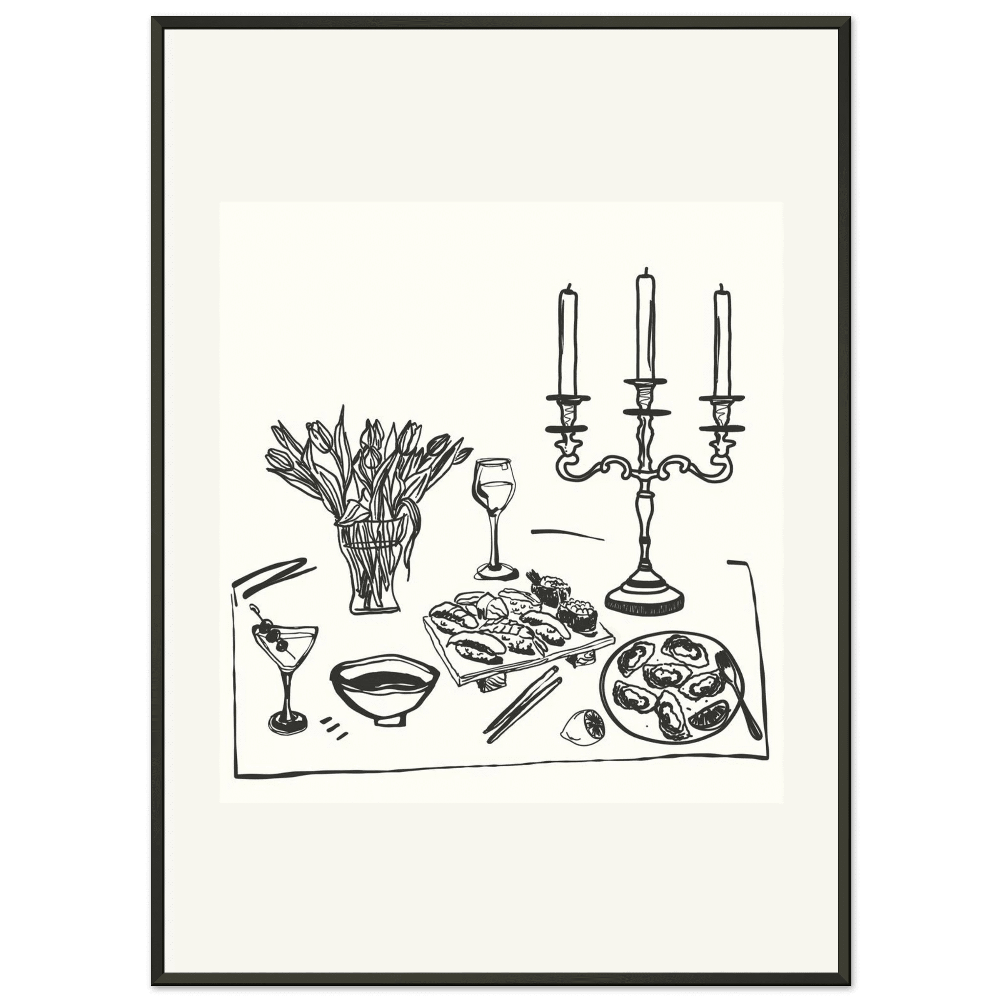 Fine Dining Table Print | Black Line Art Kitchen Wall Art | Elegant Dining Room Poster - Evergreen Posters
