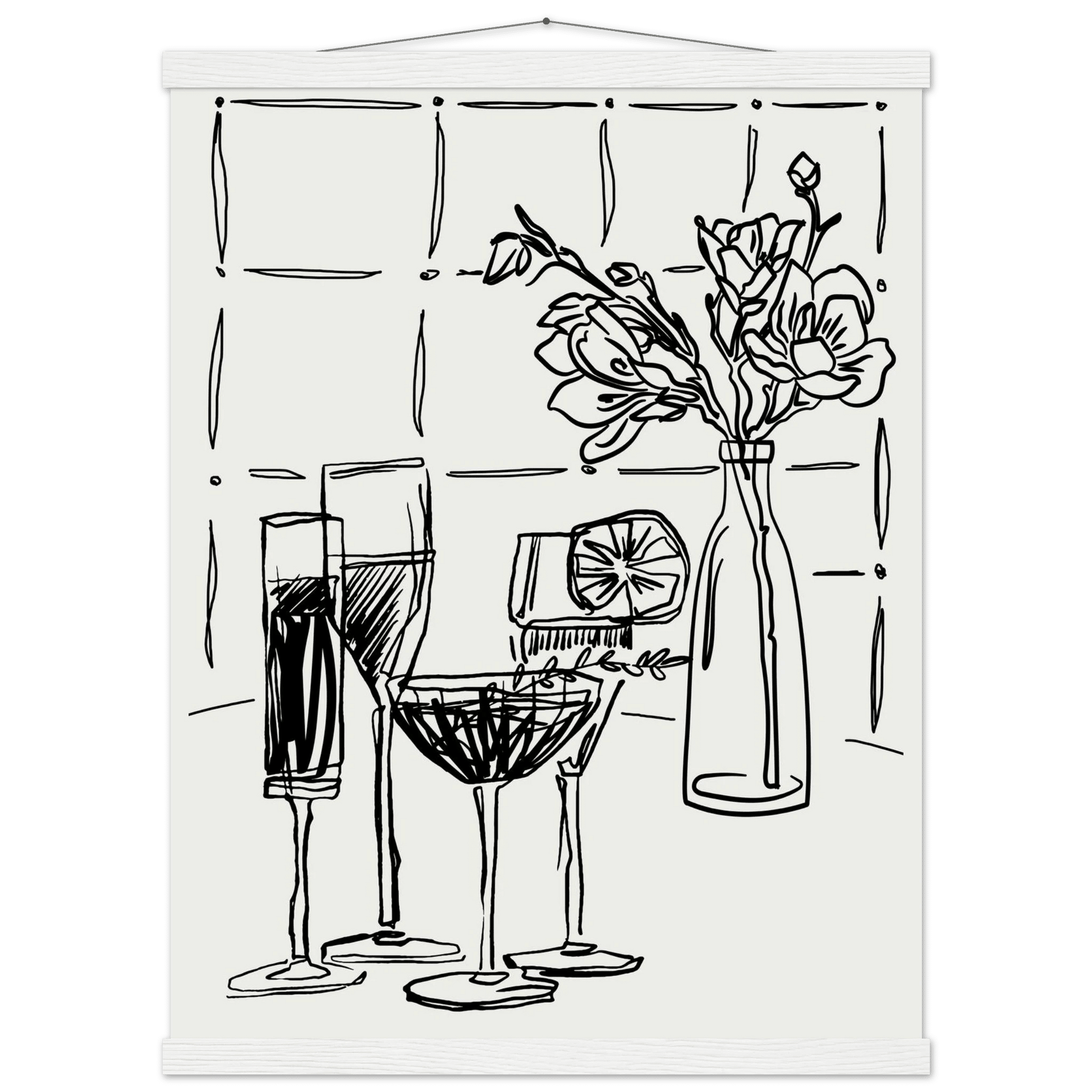Cocktails & Flowers Print | Black Line Art Drinks Wall Art | Kitchen Bar Poster - Evergreen Posters