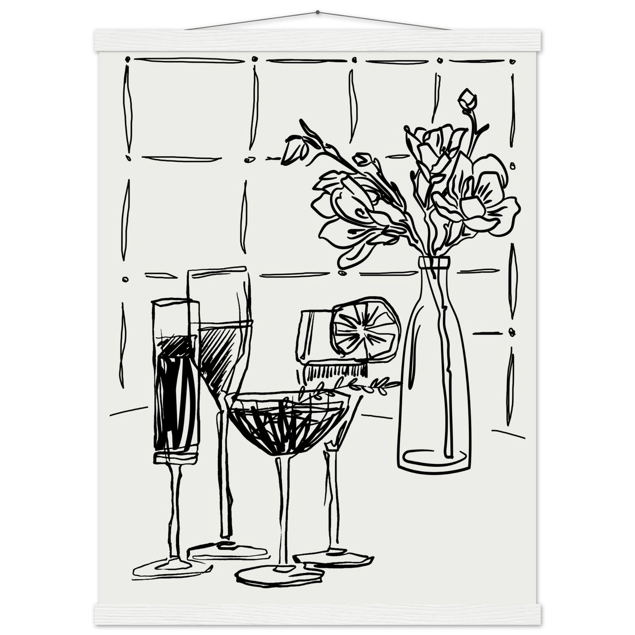 Cocktails & Flowers Print | Black Line Art Drinks Wall Art | Kitchen Bar Poster - Evergreen Posters