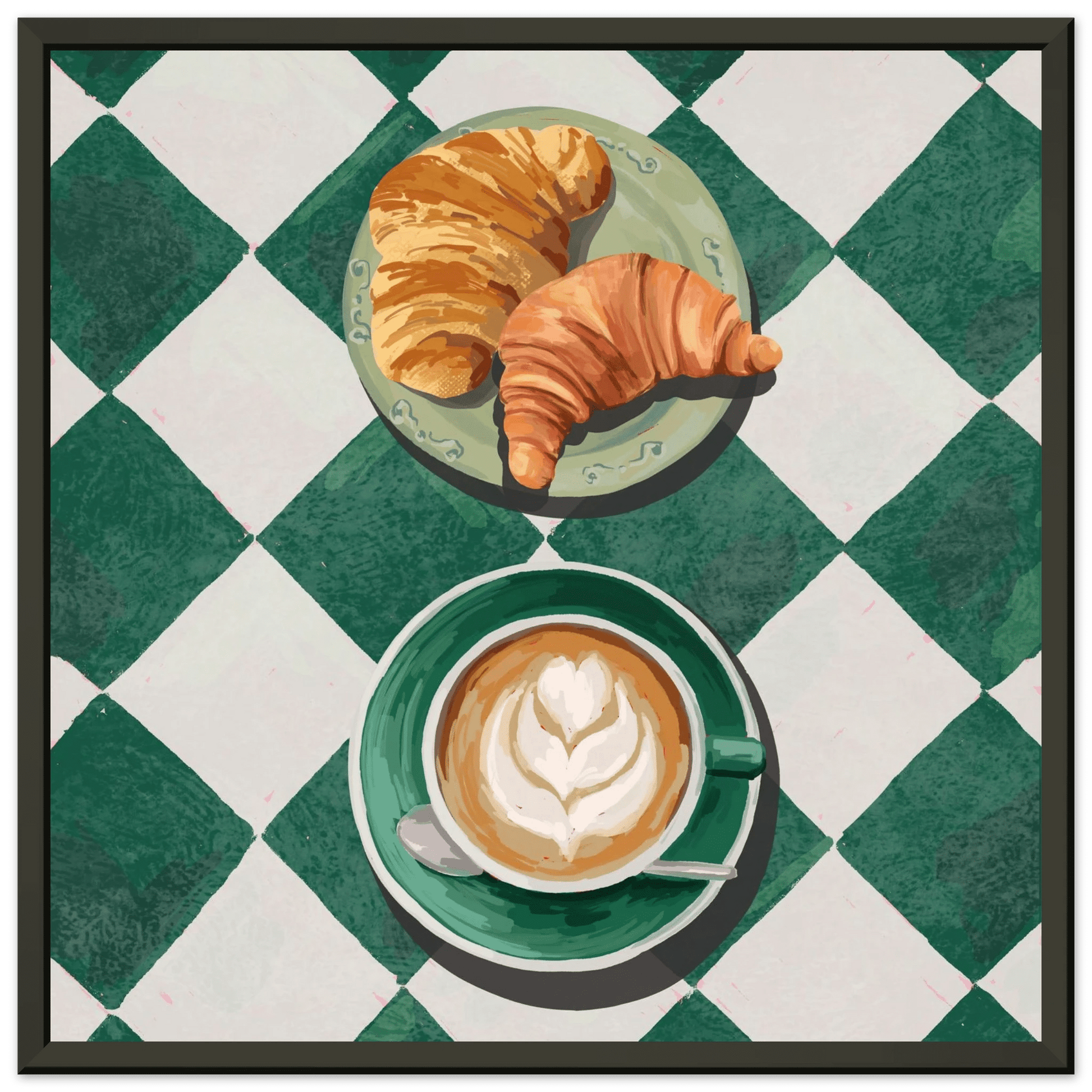 Croissant & Latte Poster | Classic Kitchen Wall Art | Green Tile Square Breakfast Print - Evergreen Posters - 26