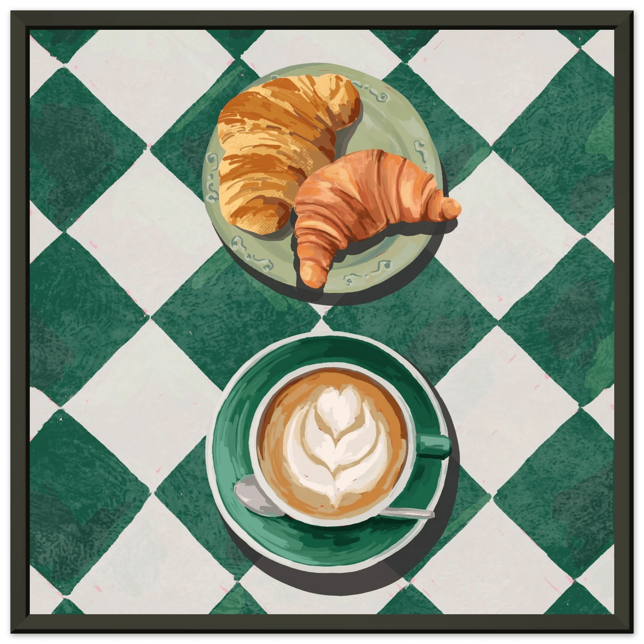Croissant & Latte Poster | Classic Kitchen Wall Art | Green Tile Square Breakfast Print - Evergreen Posters - 26