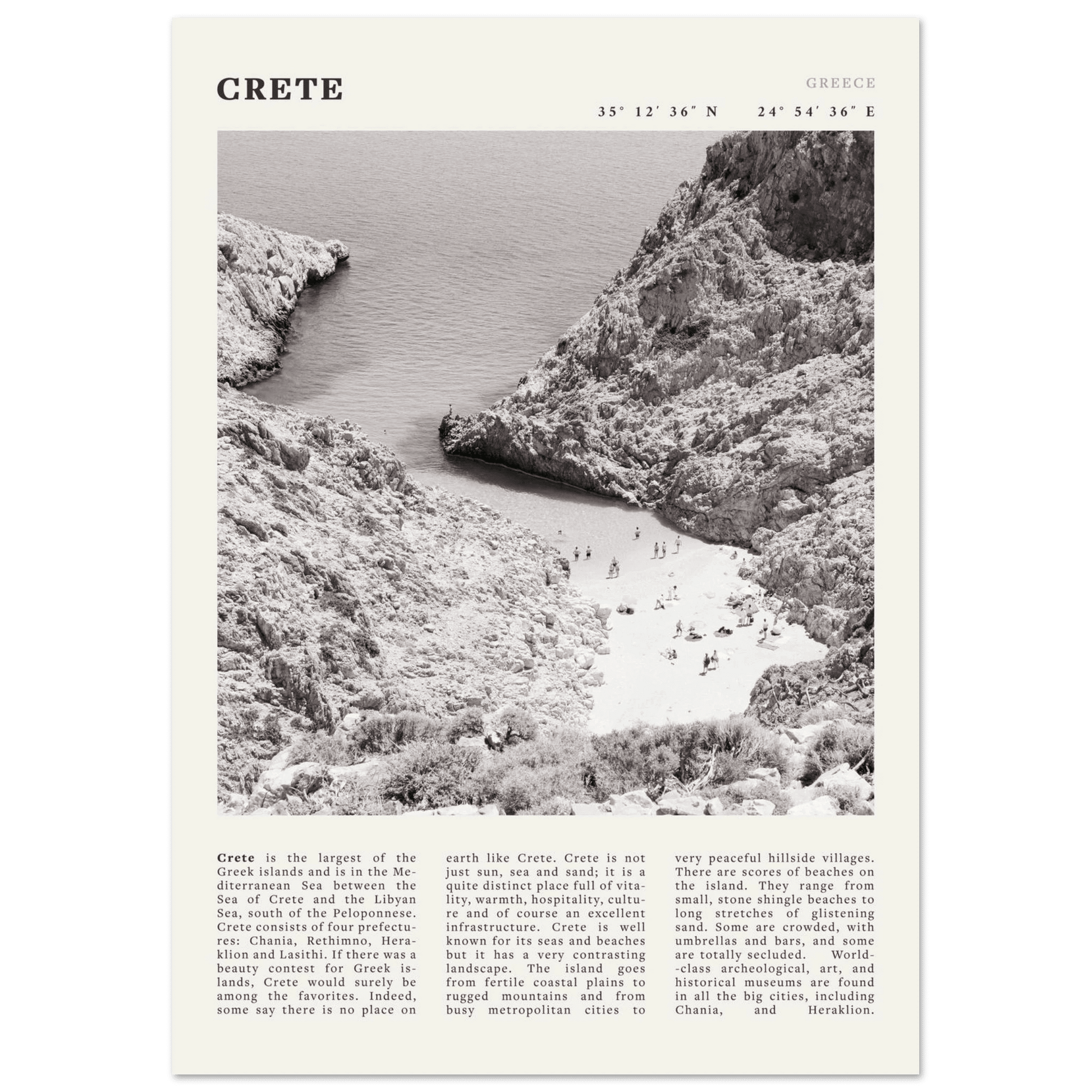 Crete Poster | Black & White Greece Beach Wall Art | Mediterranean Travel Print - Evergreen Posters