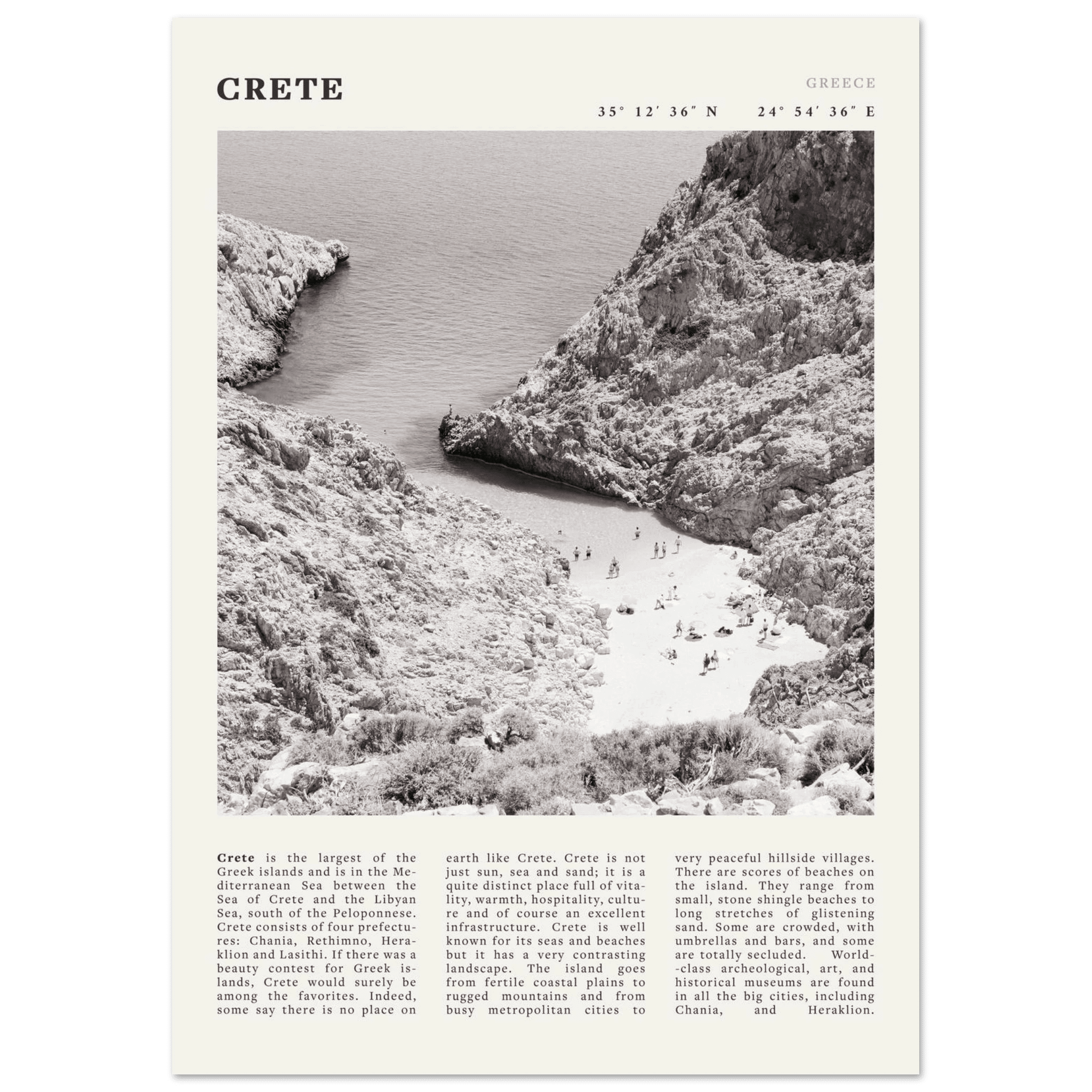 Crete Poster | Black & White Greece Beach Wall Art | Mediterranean Travel Print - Evergreen Posters