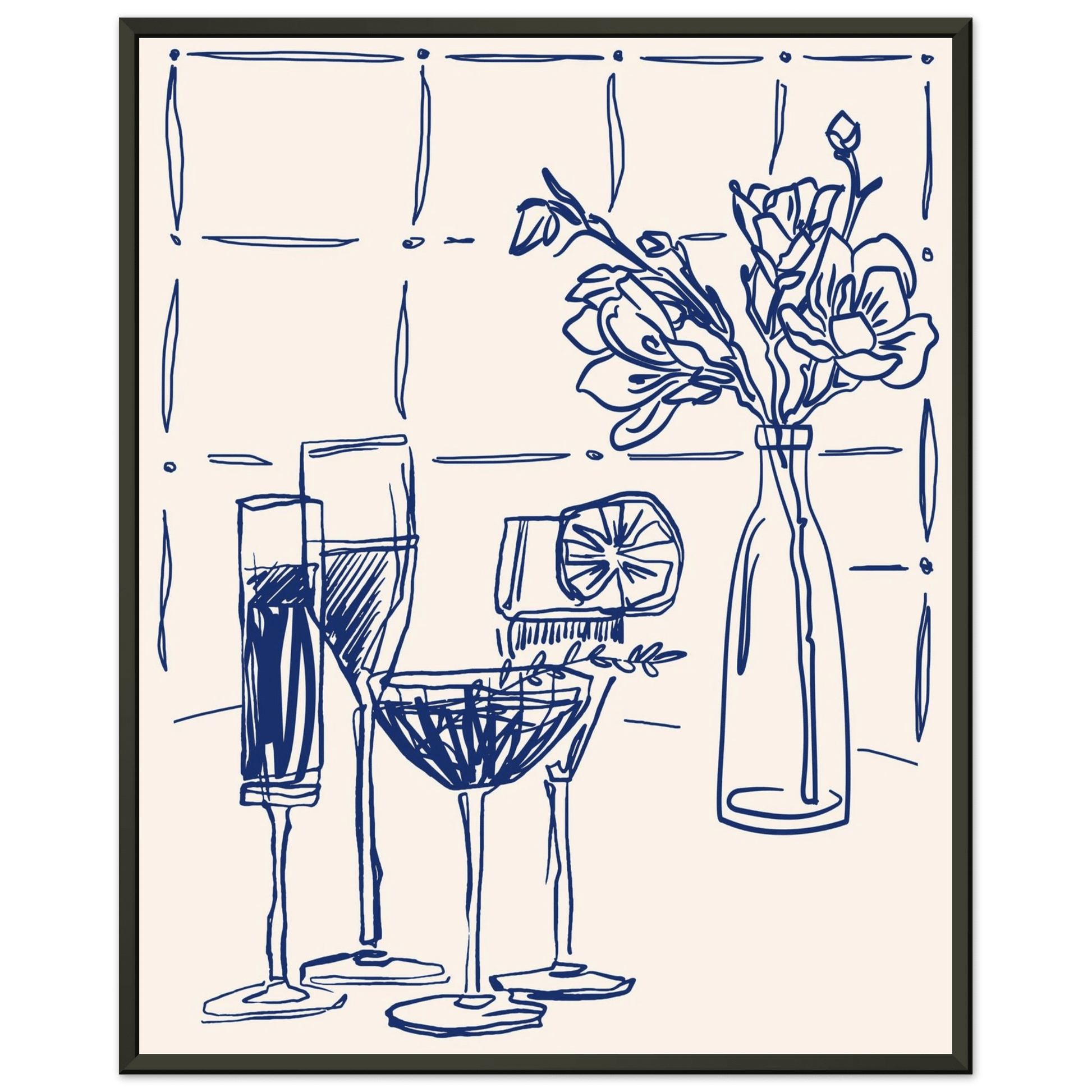 Cocktails & Flowers Print | Navy Blue Line Art Drinks Wall Art | Kitchen Bar Poster - Evergreen Posters