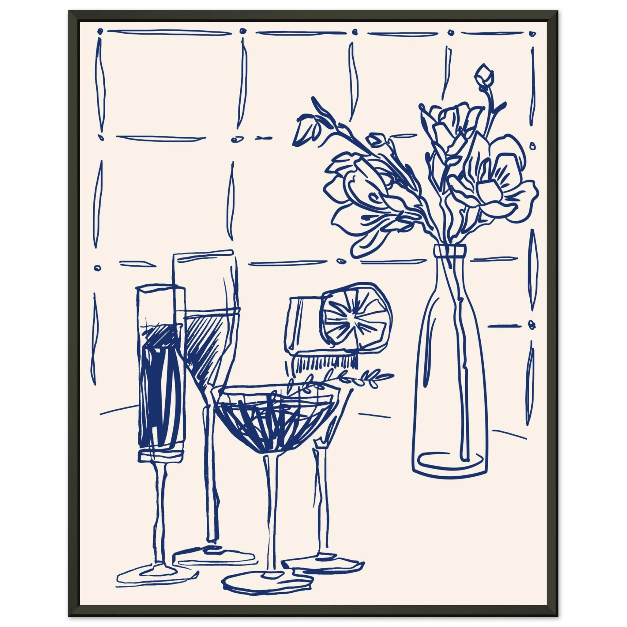 Cocktails & Flowers Print | Navy Blue Line Art Drinks Wall Art | Kitchen Bar Poster - Evergreen Posters