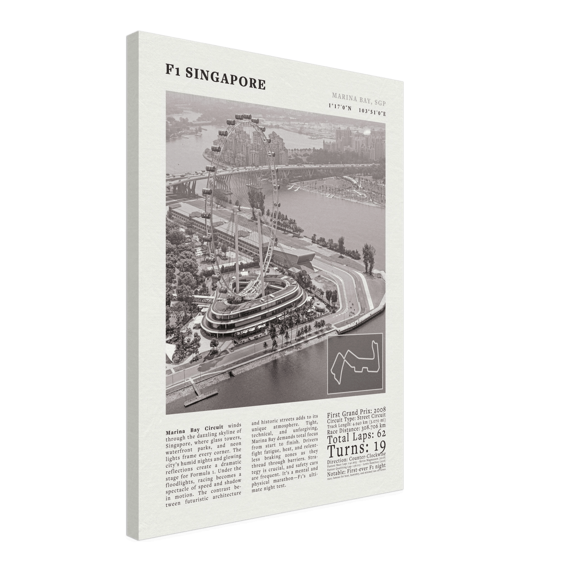 F1 Singapore Poster Black and White – Vintage Marina Bay Night Race Print (Digital & Printed Options) - Evergreen Posters