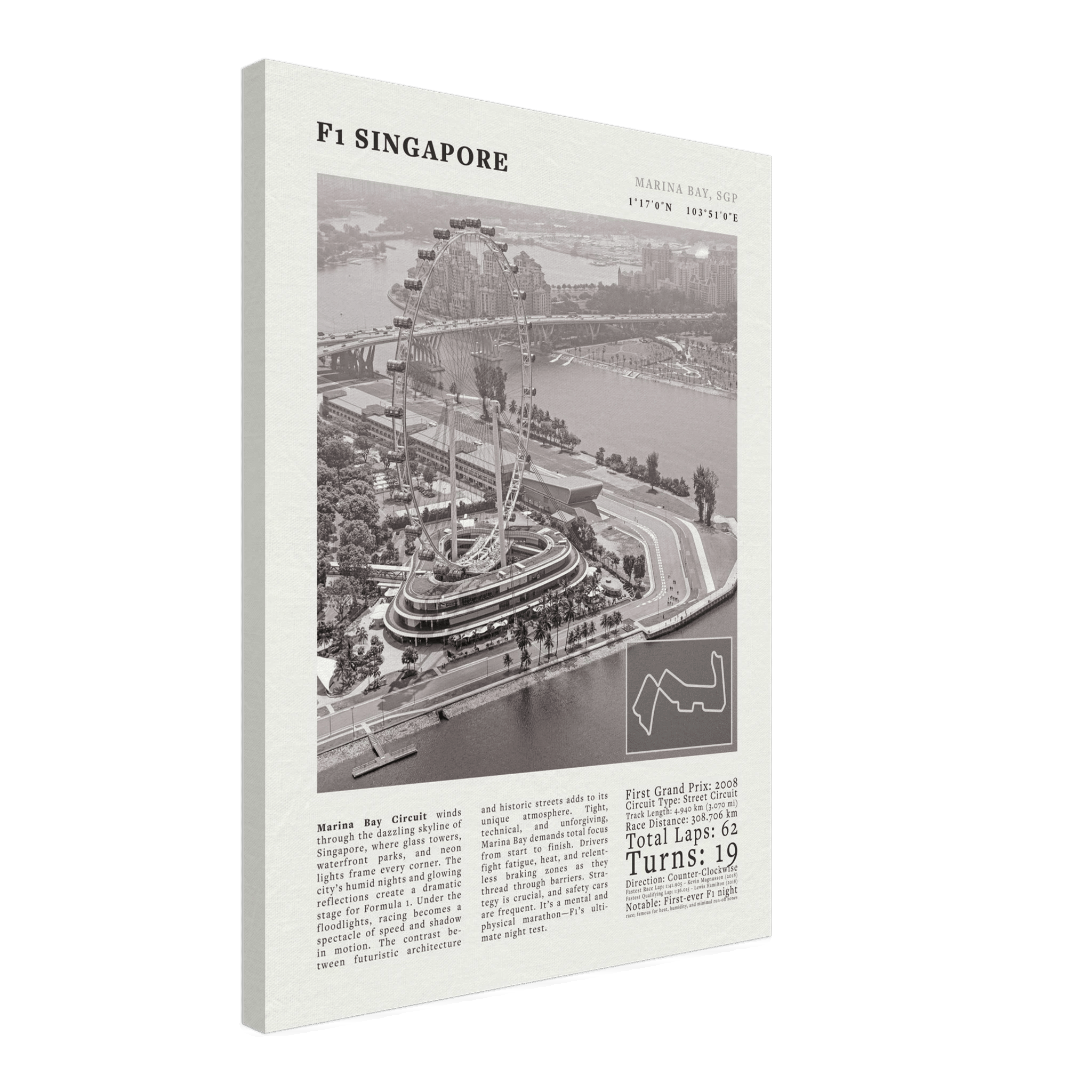 F1 Singapore Poster Black and White – Vintage Marina Bay Night Race Print (Digital & Printed Options) - Evergreen Posters