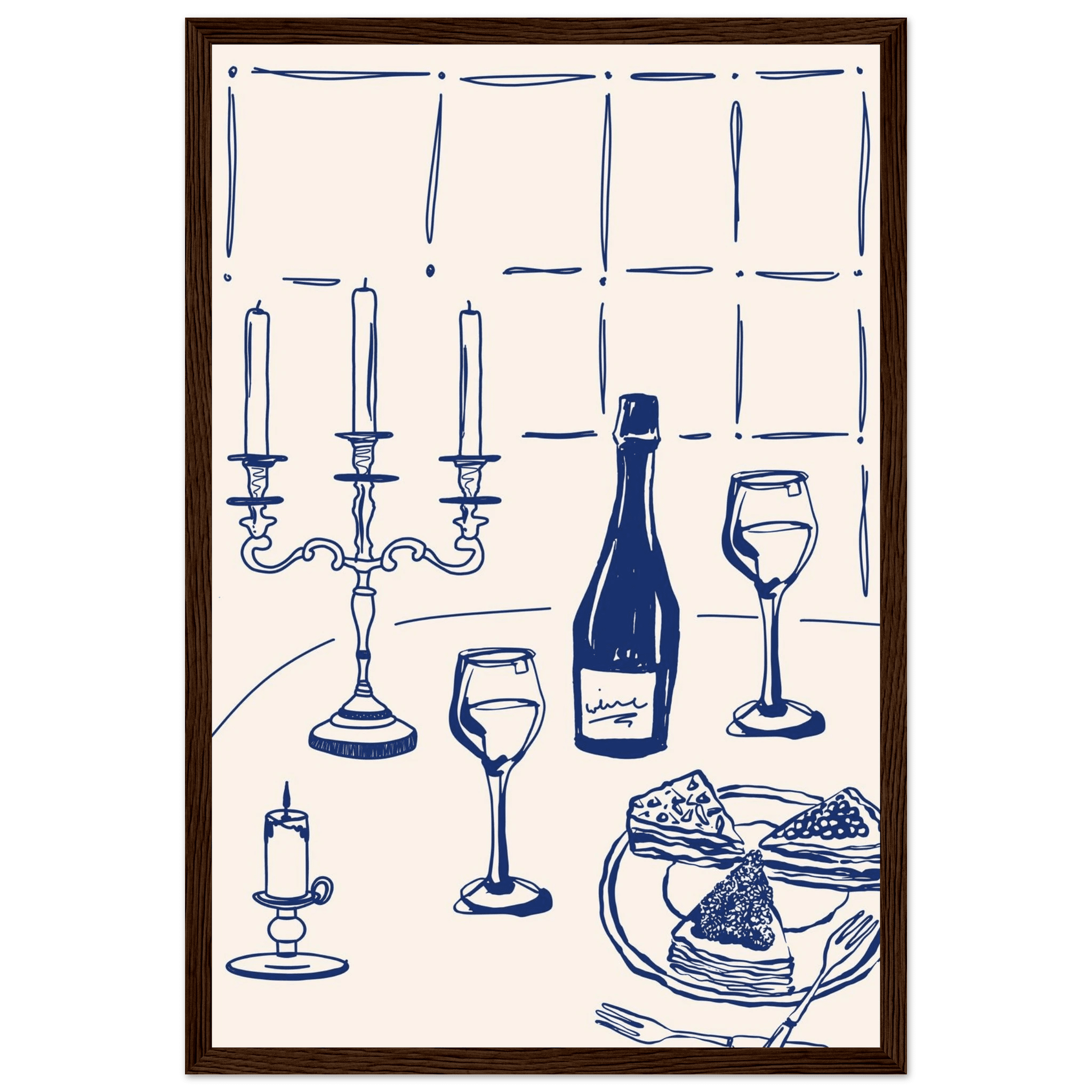 Candlelight Dinner Print | Navy Blue Wine & Candelabra Line Art | Kitchen Poster - Evergreen Posters