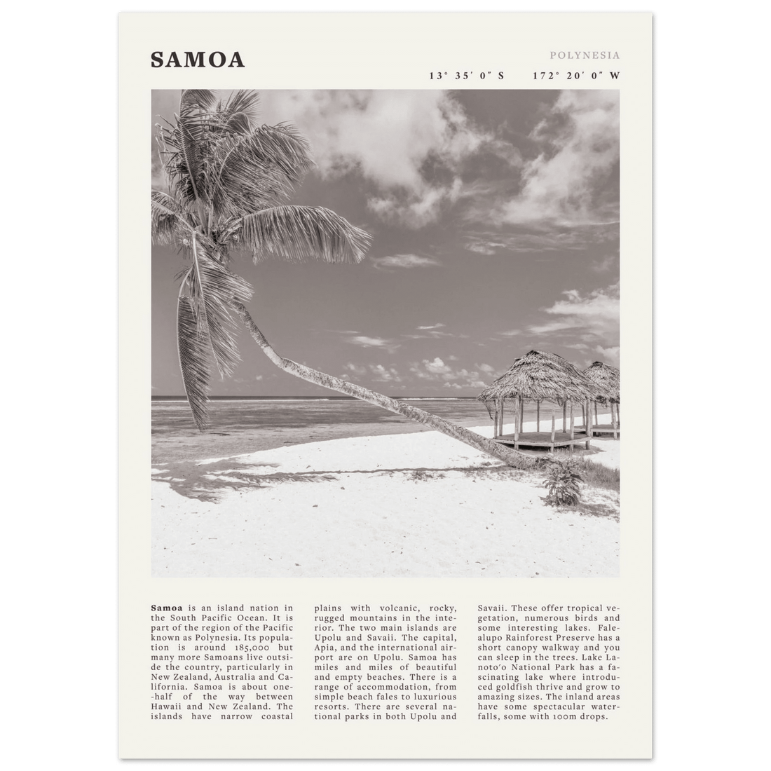 Samoa Poster | Black & White South Pacific Beach Wall Art | Polynesia Travel Print - Evergreen Posters