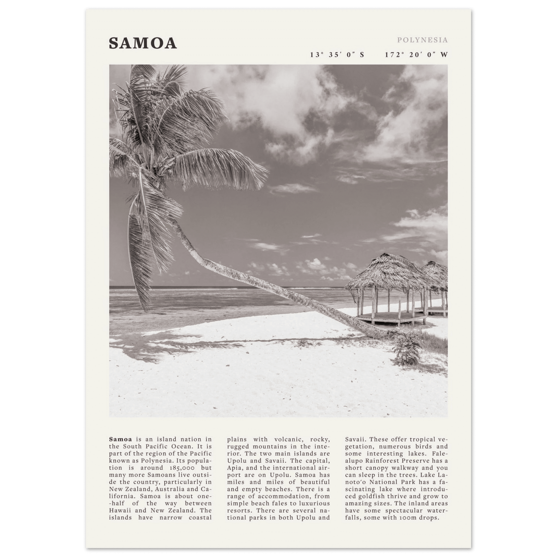 Samoa Poster | Black & White South Pacific Beach Wall Art | Polynesia Travel Print - Evergreen Posters