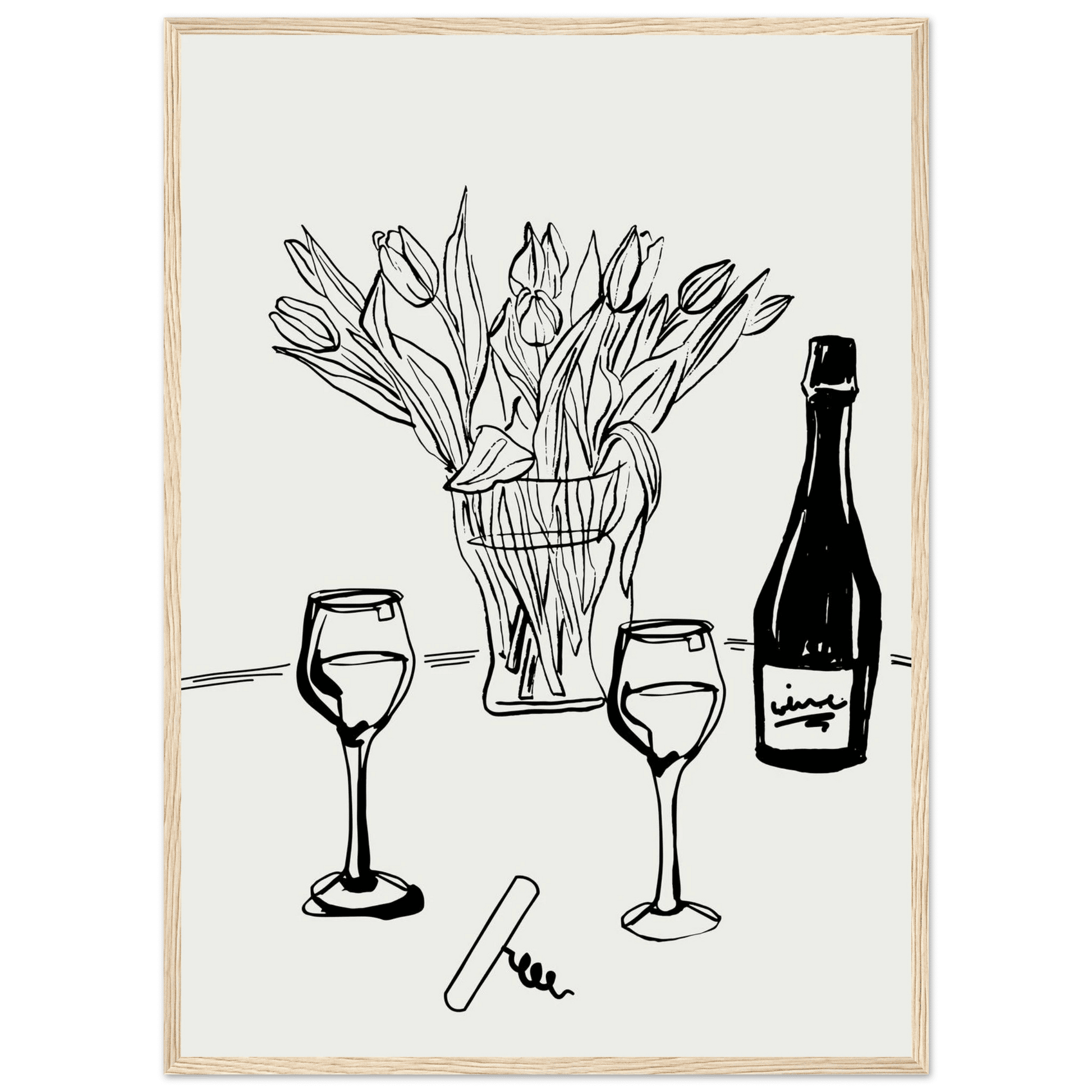 Wine & Tulips Print | Black Line Art Wine Bottle Wall Art | Minimalist Kitchen Poster - Evergreen Posters