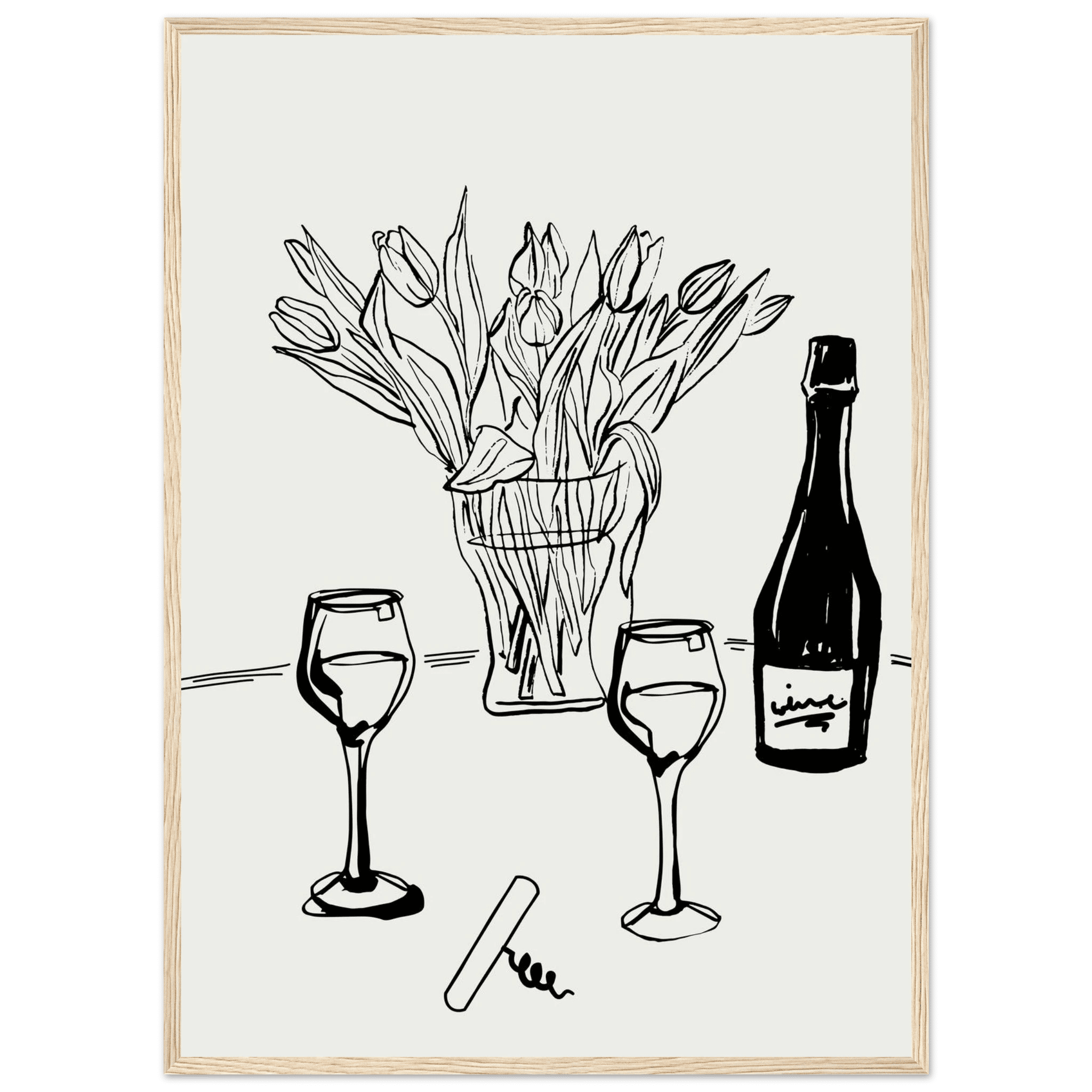 Wine & Tulips Print | Black Line Art Wine Bottle Wall Art | Minimalist Kitchen Poster - Evergreen Posters