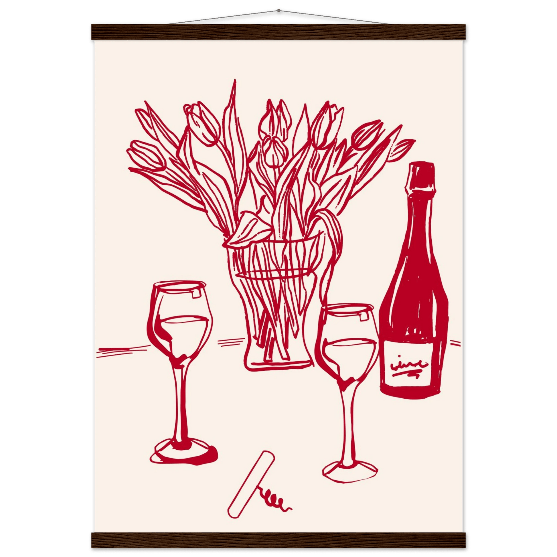 Red Wine & Tulips Print | Line Art Wine Bottle Wall Art | Kitchen Poster - Evergreen Posters