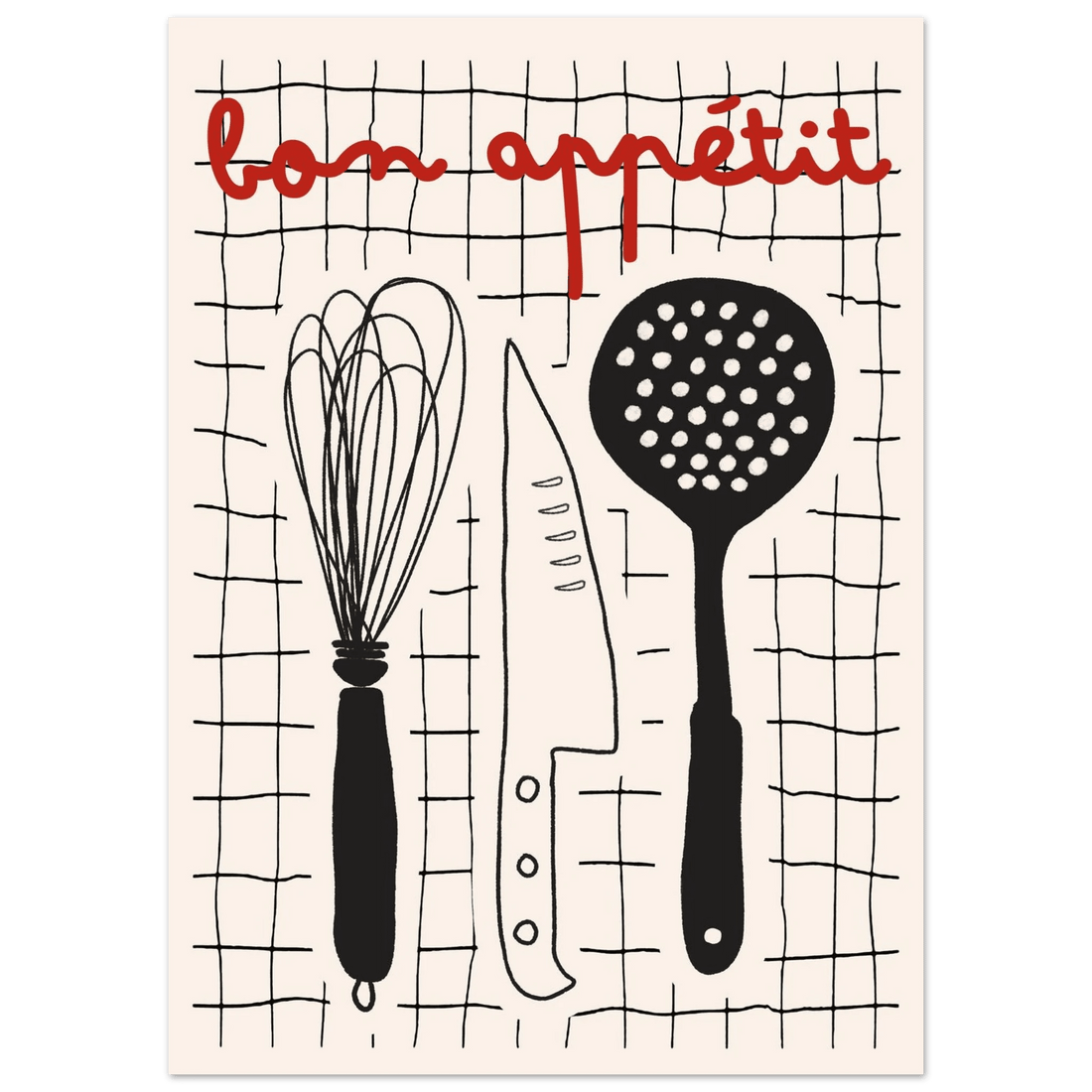 Bon Appétit French Kitchen Print | Bold Black Red Wall Art Poster - Evergreen Posters