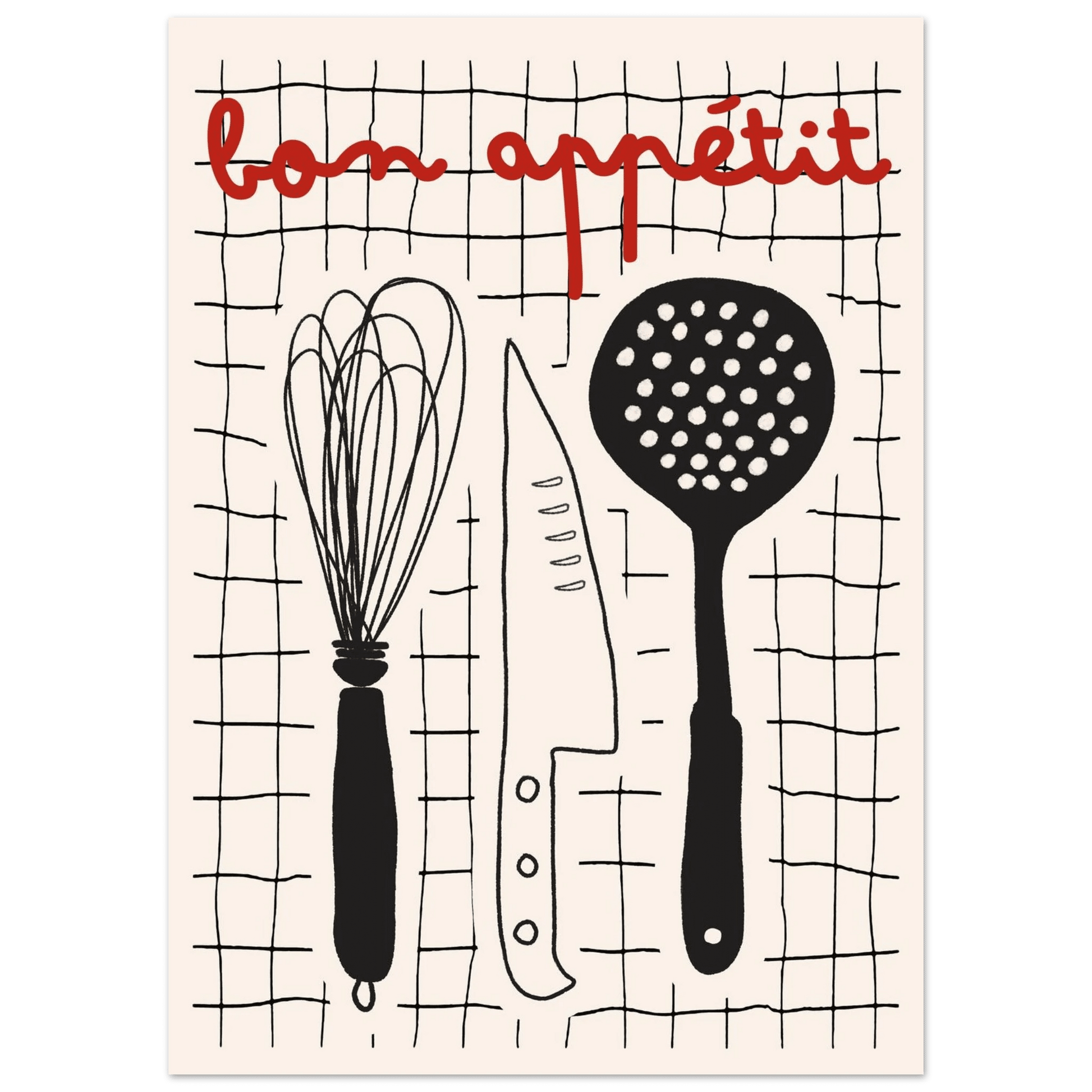 Bon Appétit French Kitchen Print | Bold Black Red Wall Art Poster - Evergreen Posters