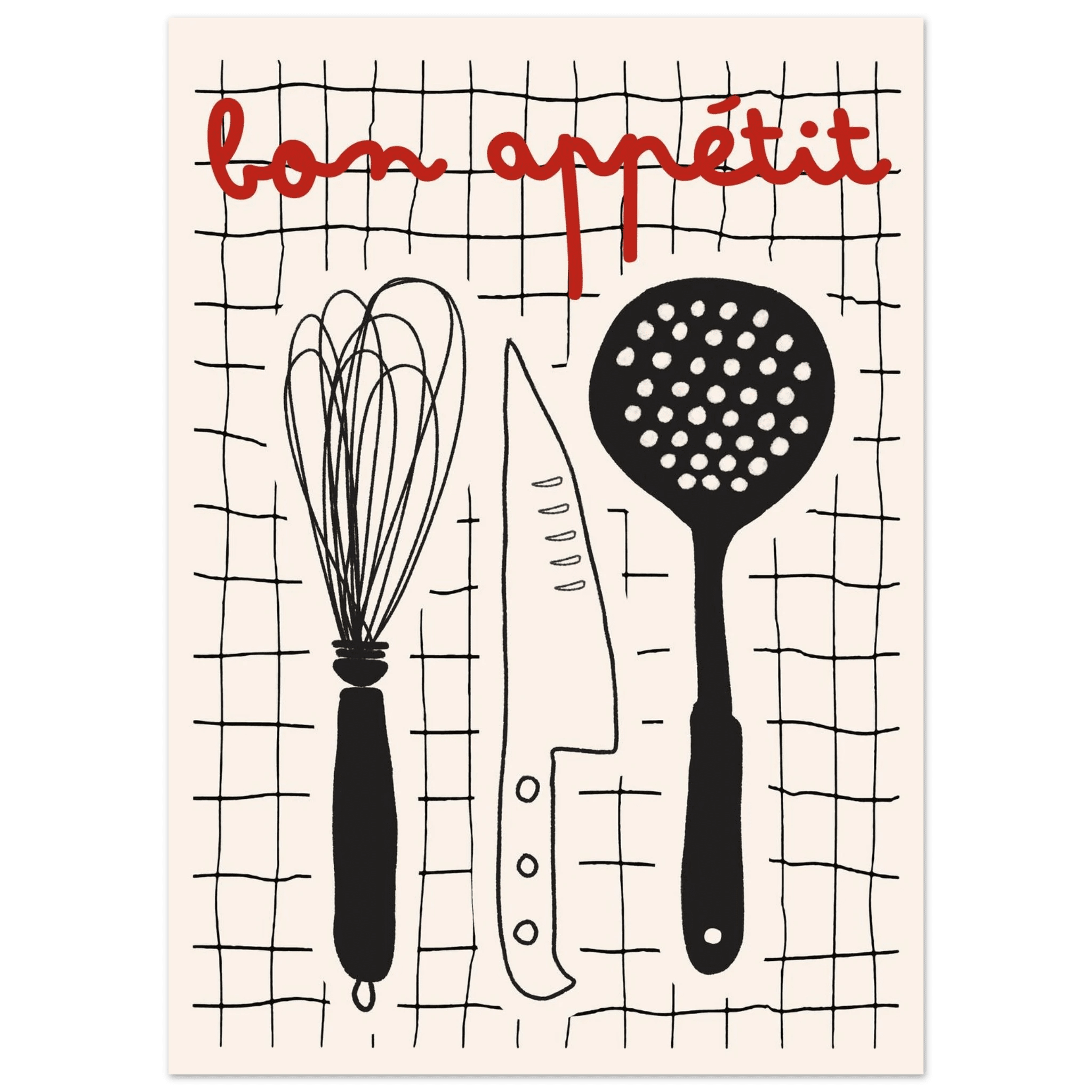 Bon Appétit French Kitchen Print | Bold Black Red Wall Art Poster - Evergreen Posters
