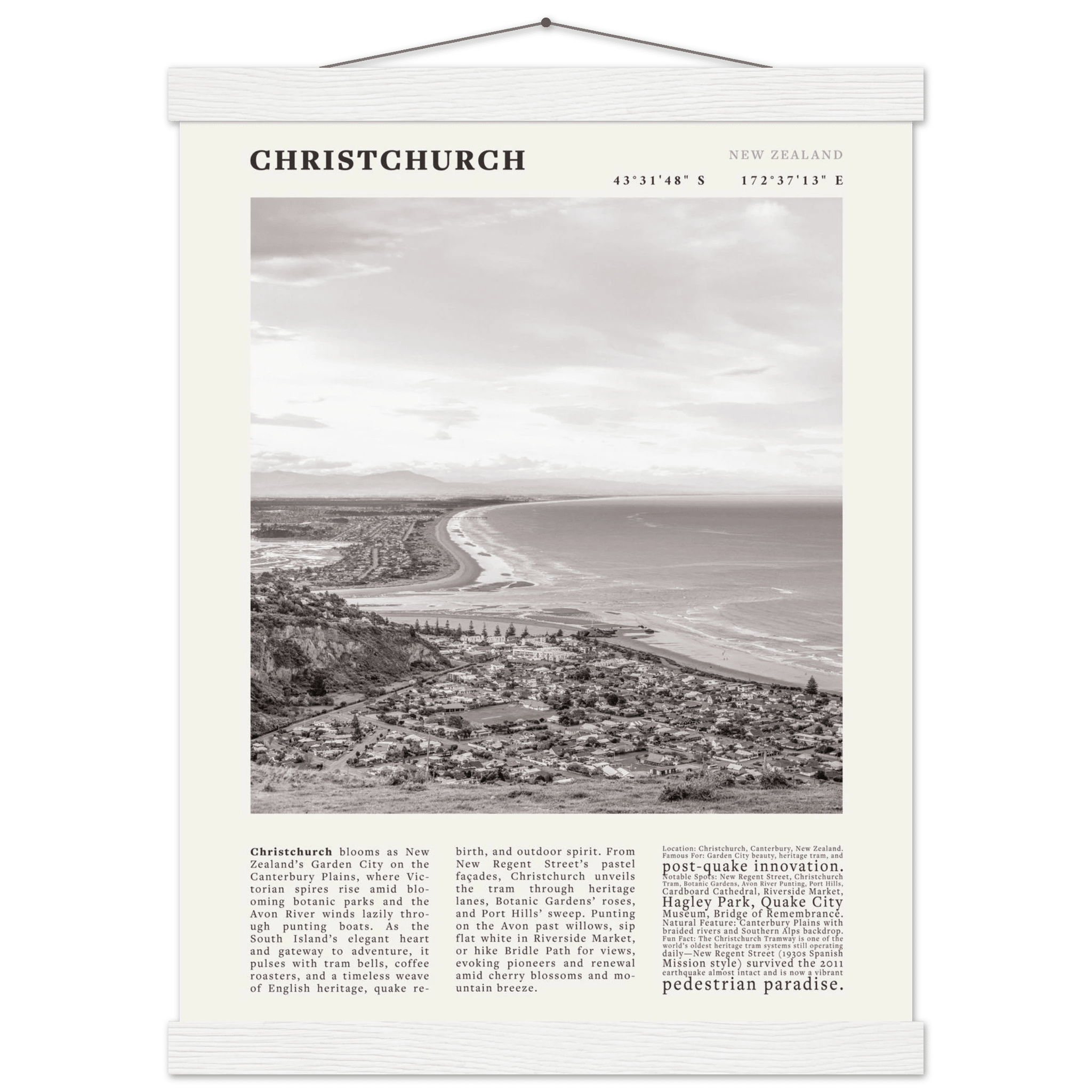 Christchurch New Zealand Poster Black and White – Vintage Garden City Panorama Print - Evergreen Posters