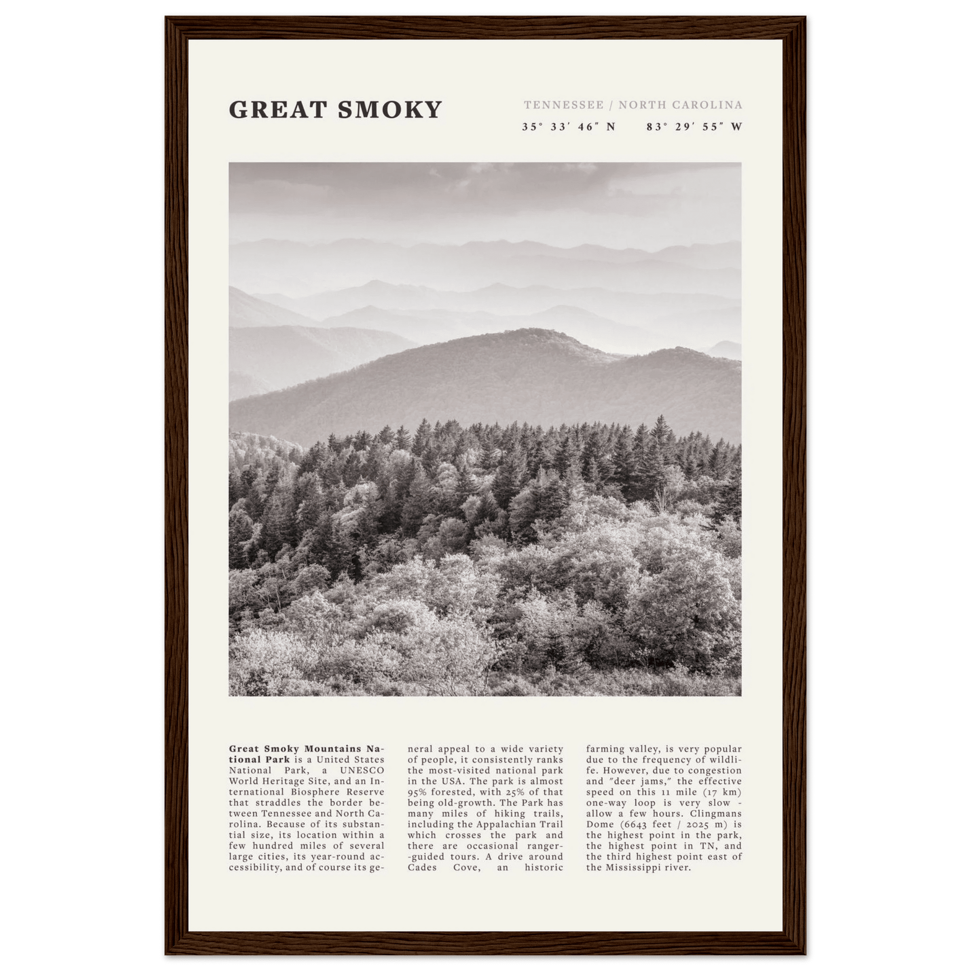 Great Smoky Mountains Poster | Black & White National Park Wall Art | Tennessee Print - Evergreen Posters