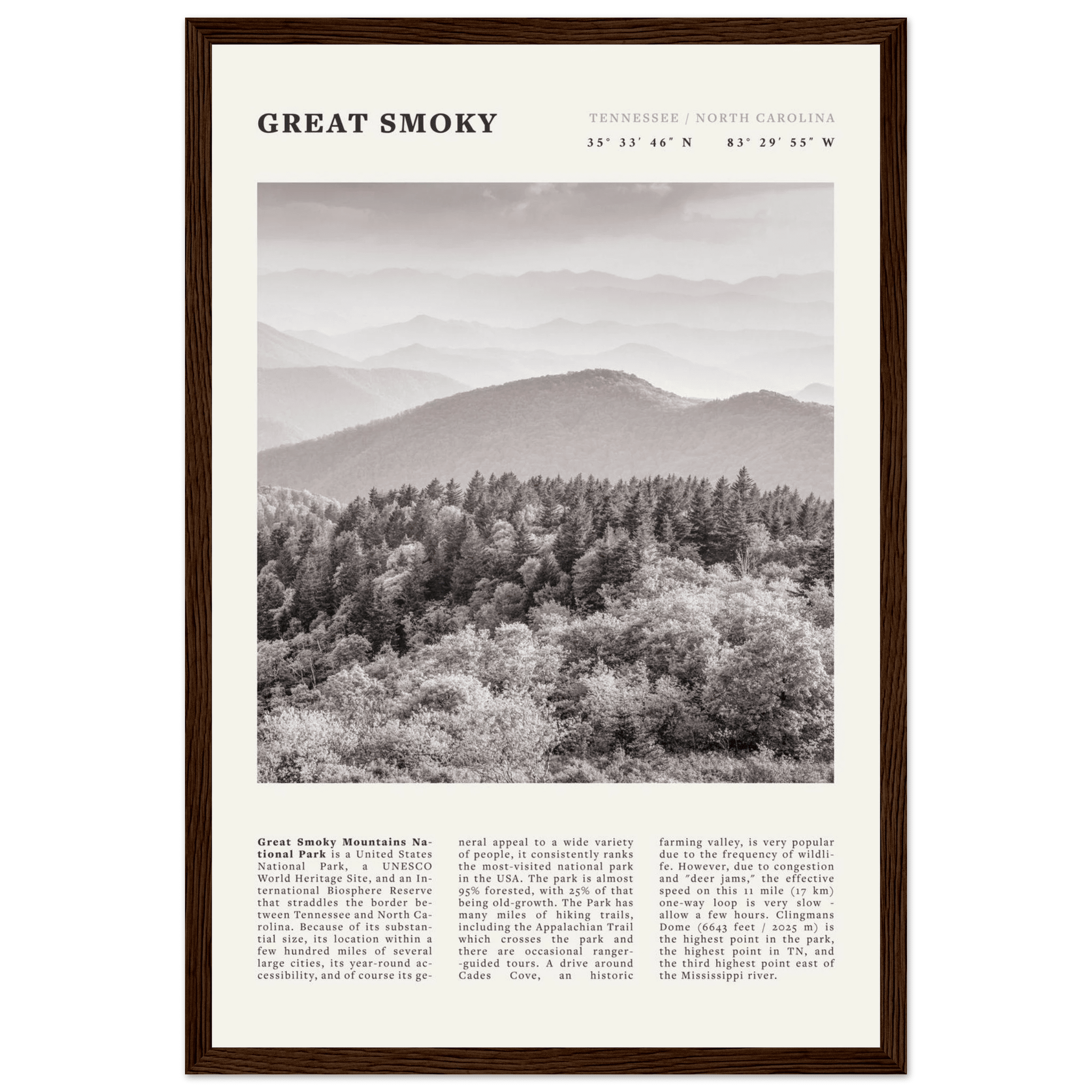 Great Smoky Mountains Poster | Black & White National Park Wall Art | Tennessee Print - Evergreen Posters