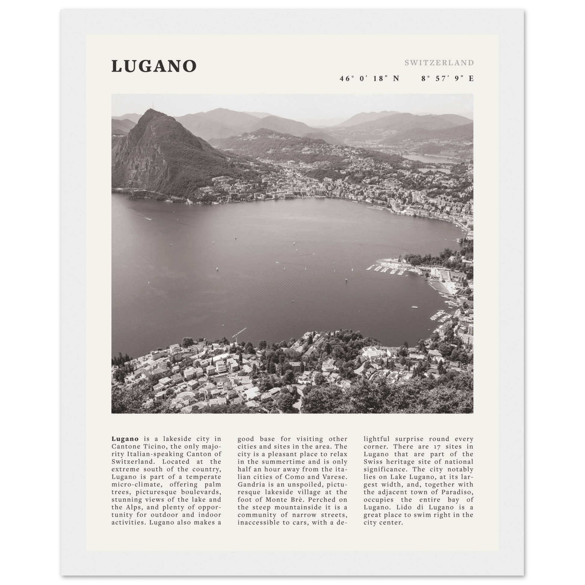 Lugano Poster | Black & White Swiss Lake Wall Art | Switzerland Travel Print - Evergreen Posters