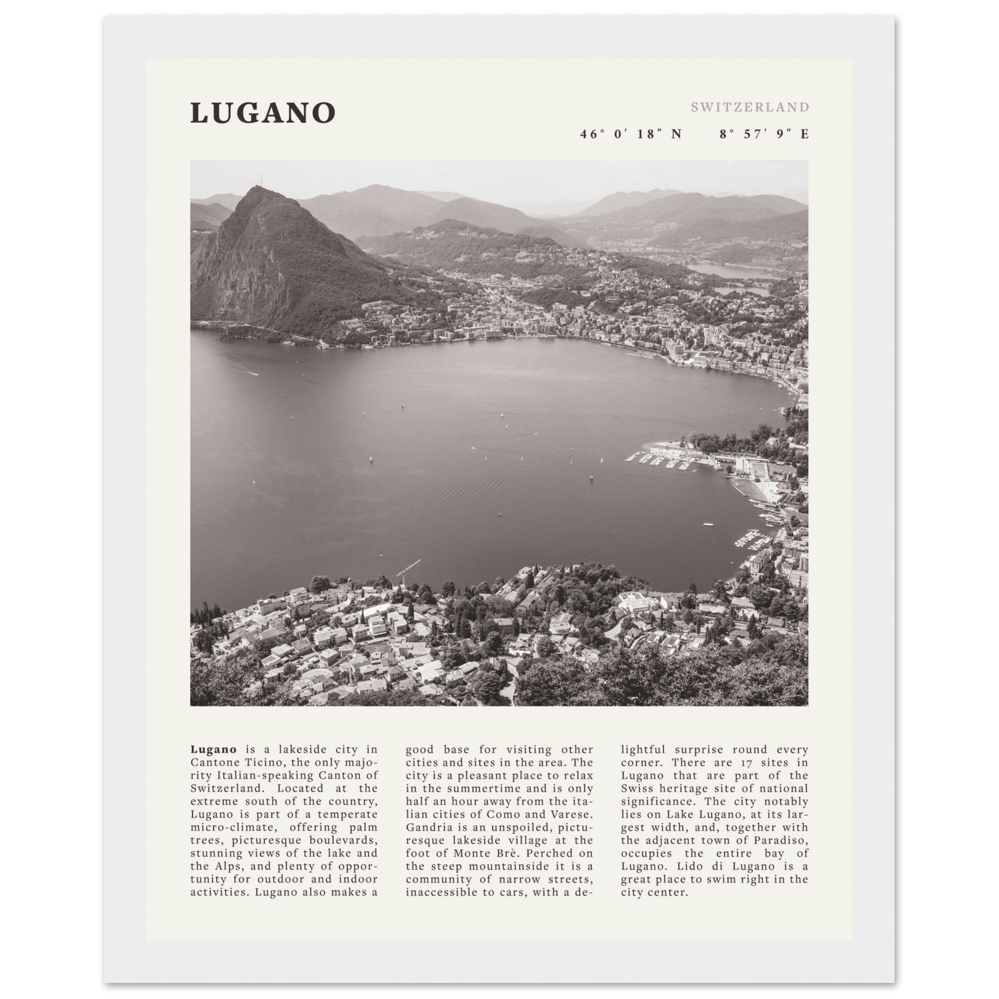 Lugano Poster | Black & White Swiss Lake Wall Art | Switzerland Travel Print - Evergreen Posters