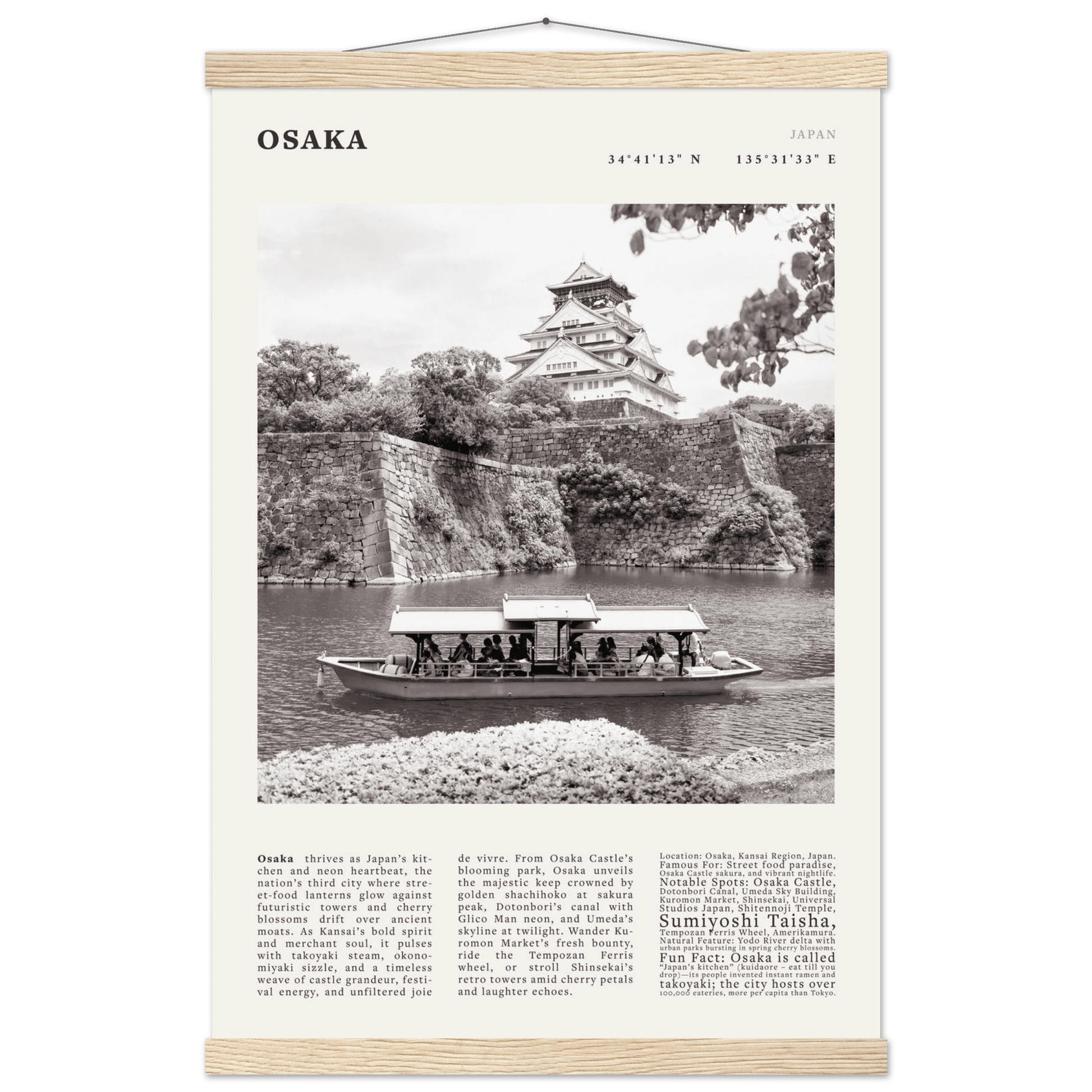 Osaka Poster Black and White – Vintage Osaka Castle Cherry Blossom Print (Digital & Printed Options) - Evergreen Posters