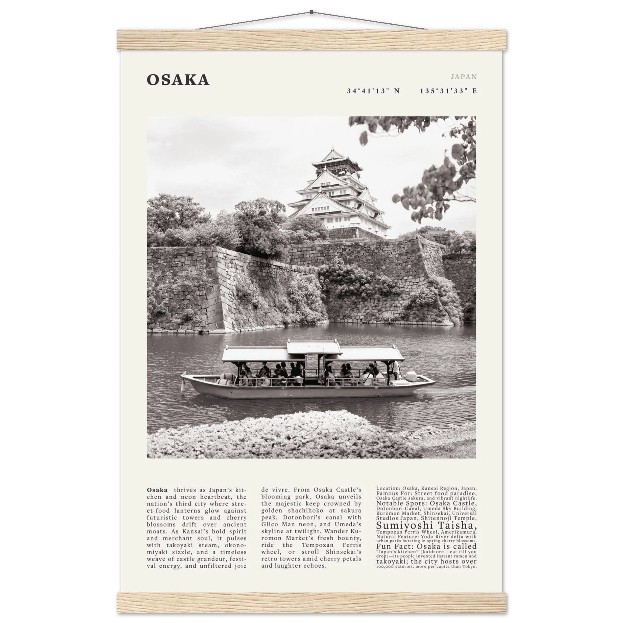 Osaka Poster Black and White – Vintage Osaka Castle Cherry Blossom Print (Digital & Printed Options) - Evergreen Posters