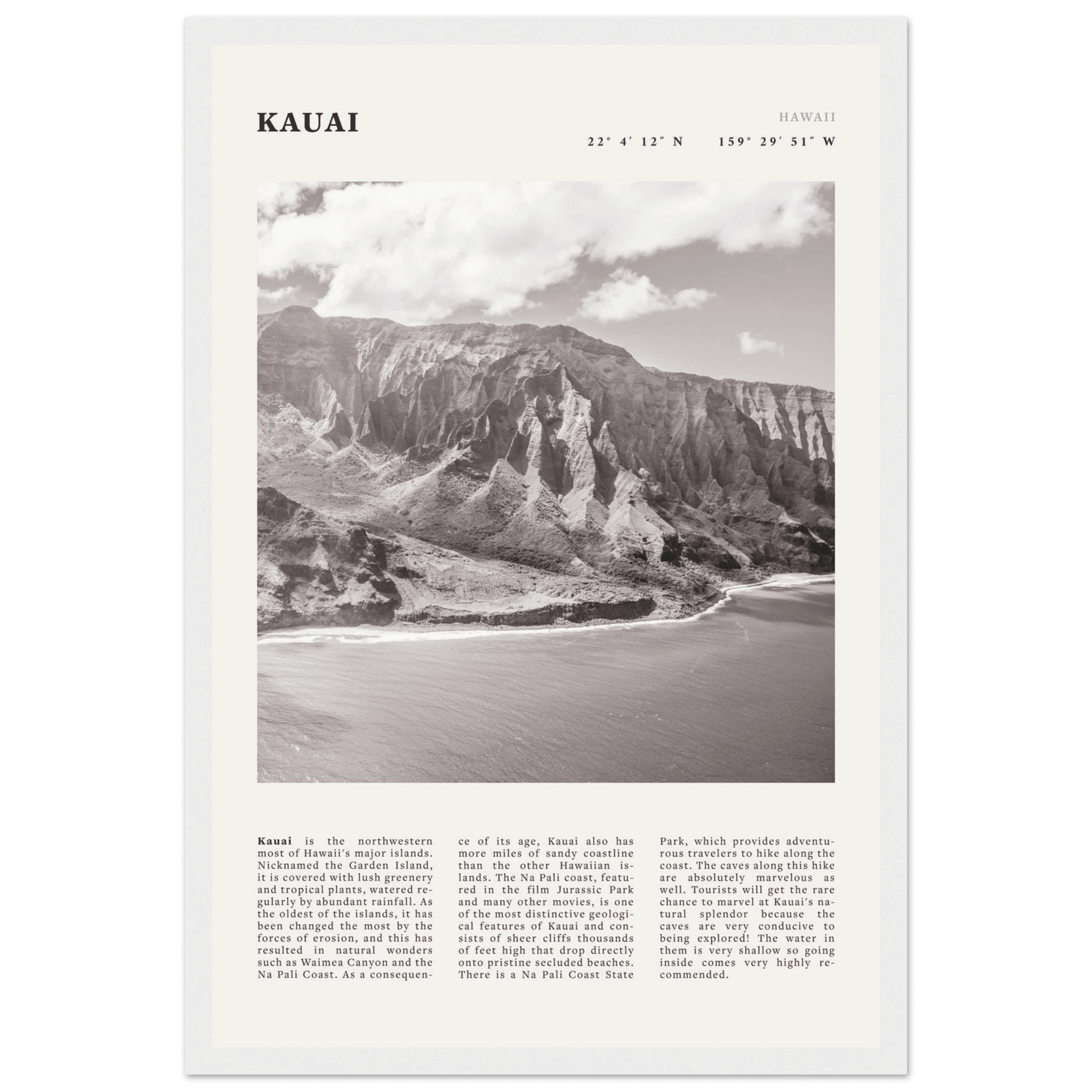 Kauai Poster | Black & White Na Pali Coast Wall Art | Hawaii Travel Print Decor - Evergreen Posters