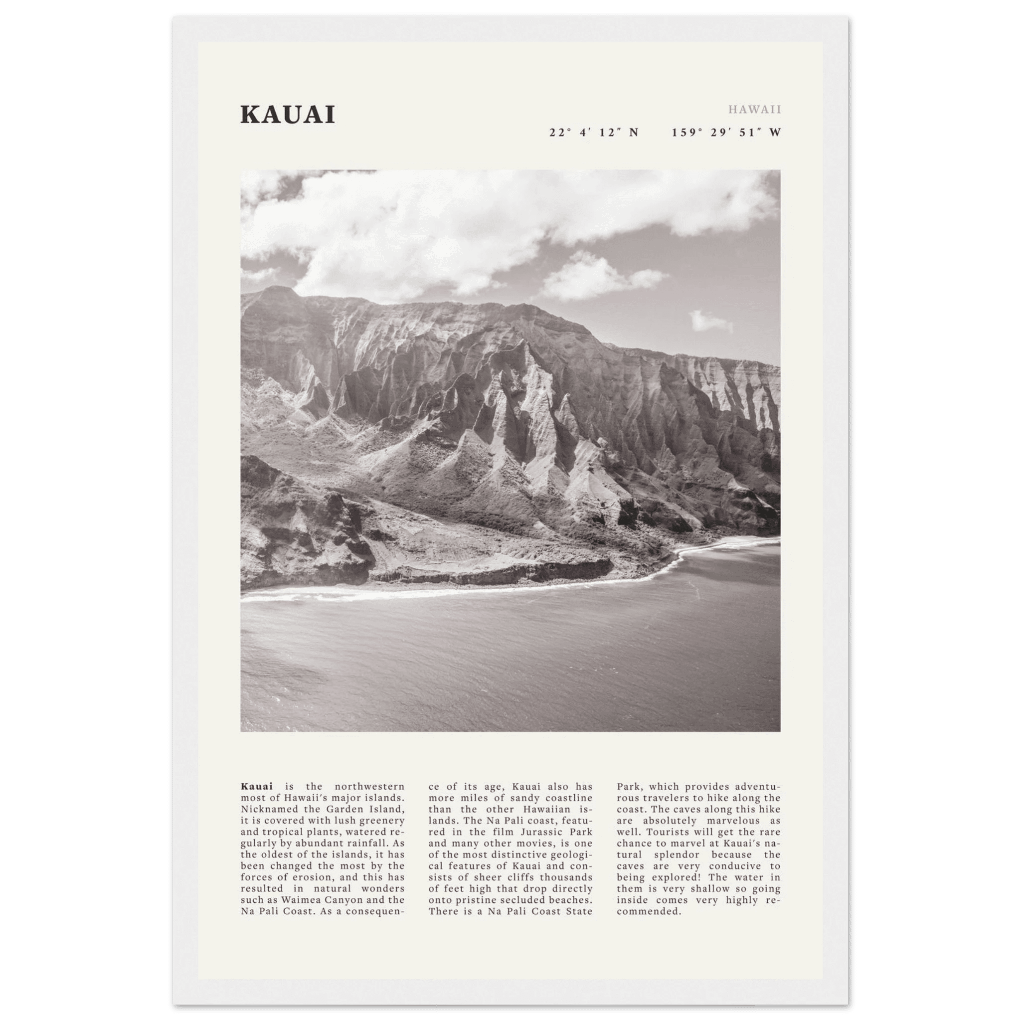 Kauai Poster | Black & White Na Pali Coast Wall Art | Hawaii Travel Print Decor - Evergreen Posters