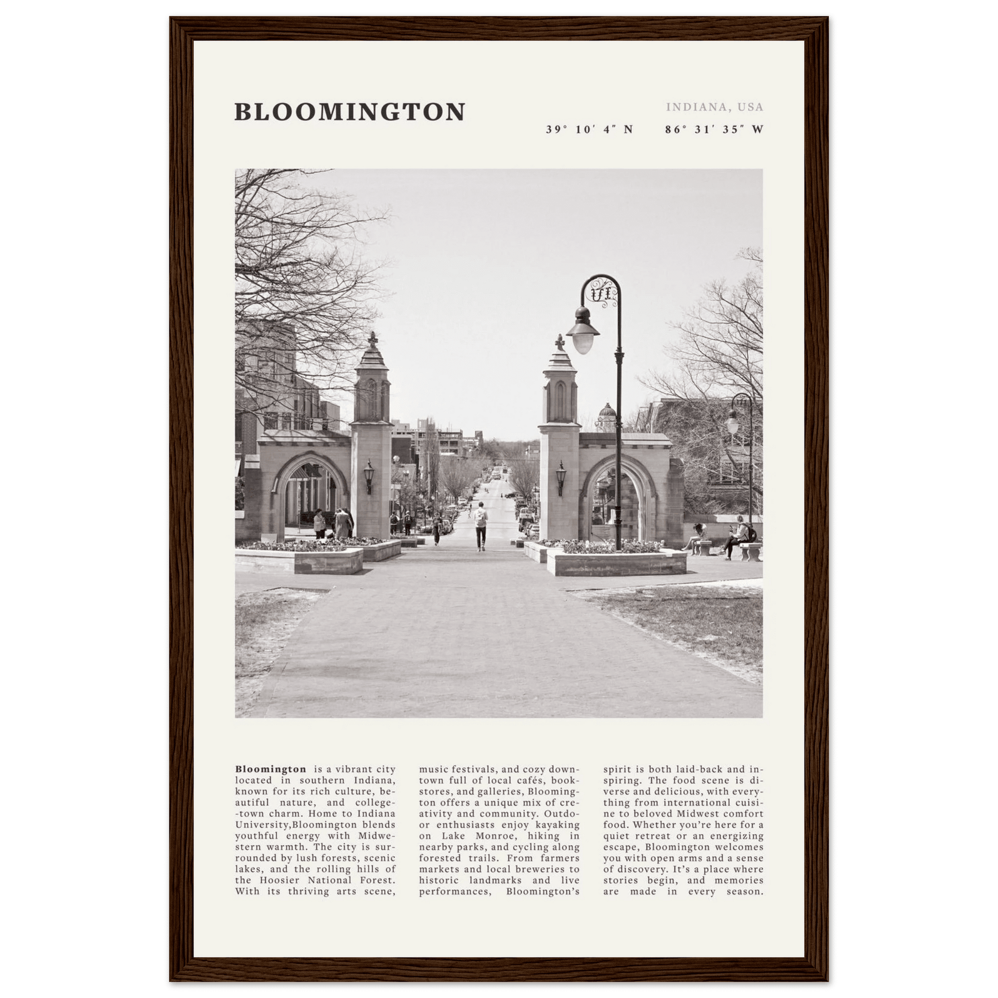 Bloomington Indiana Black and White Vintage Poster - Evergreen Posters