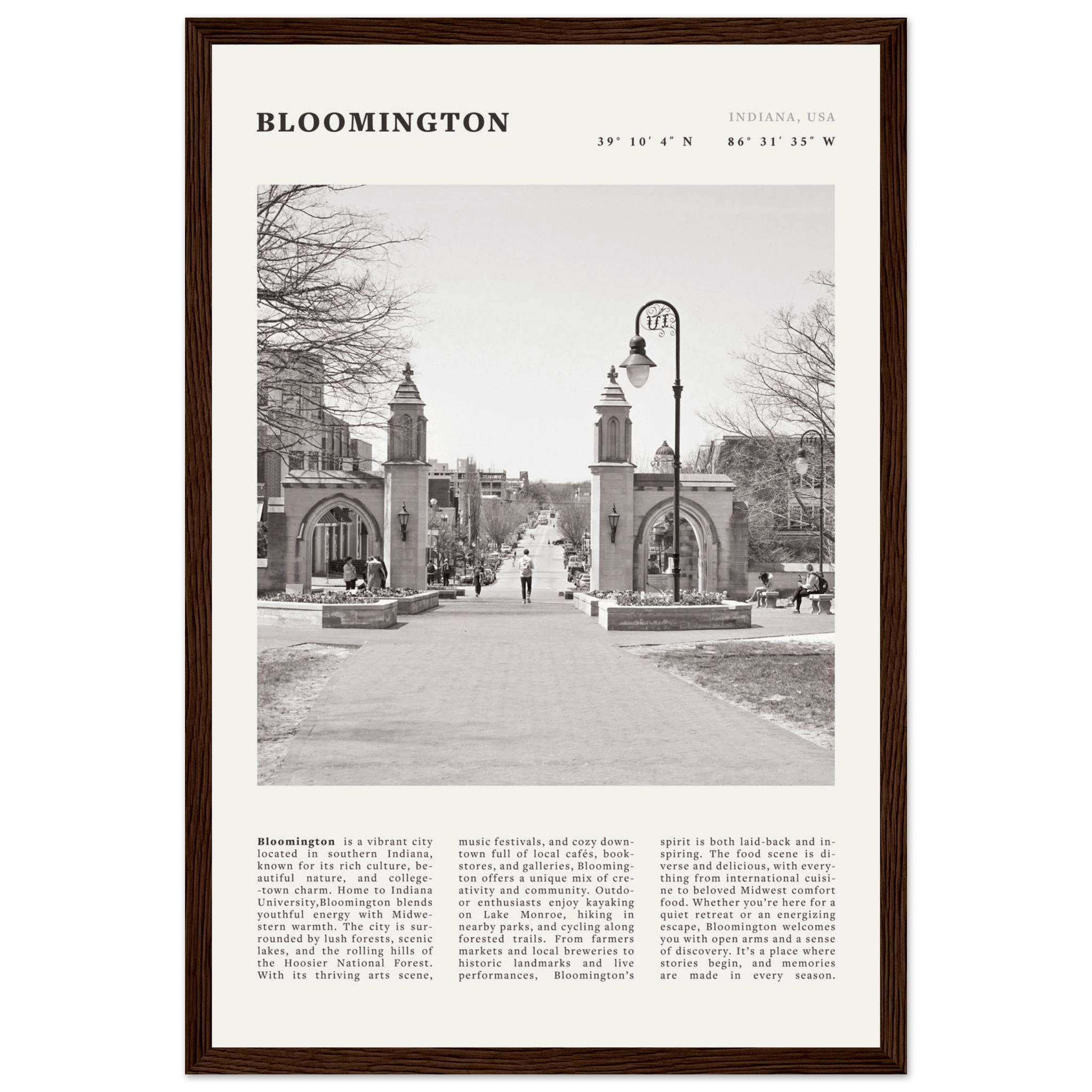 Bloomington Indiana Black and White Vintage Poster - Evergreen Posters