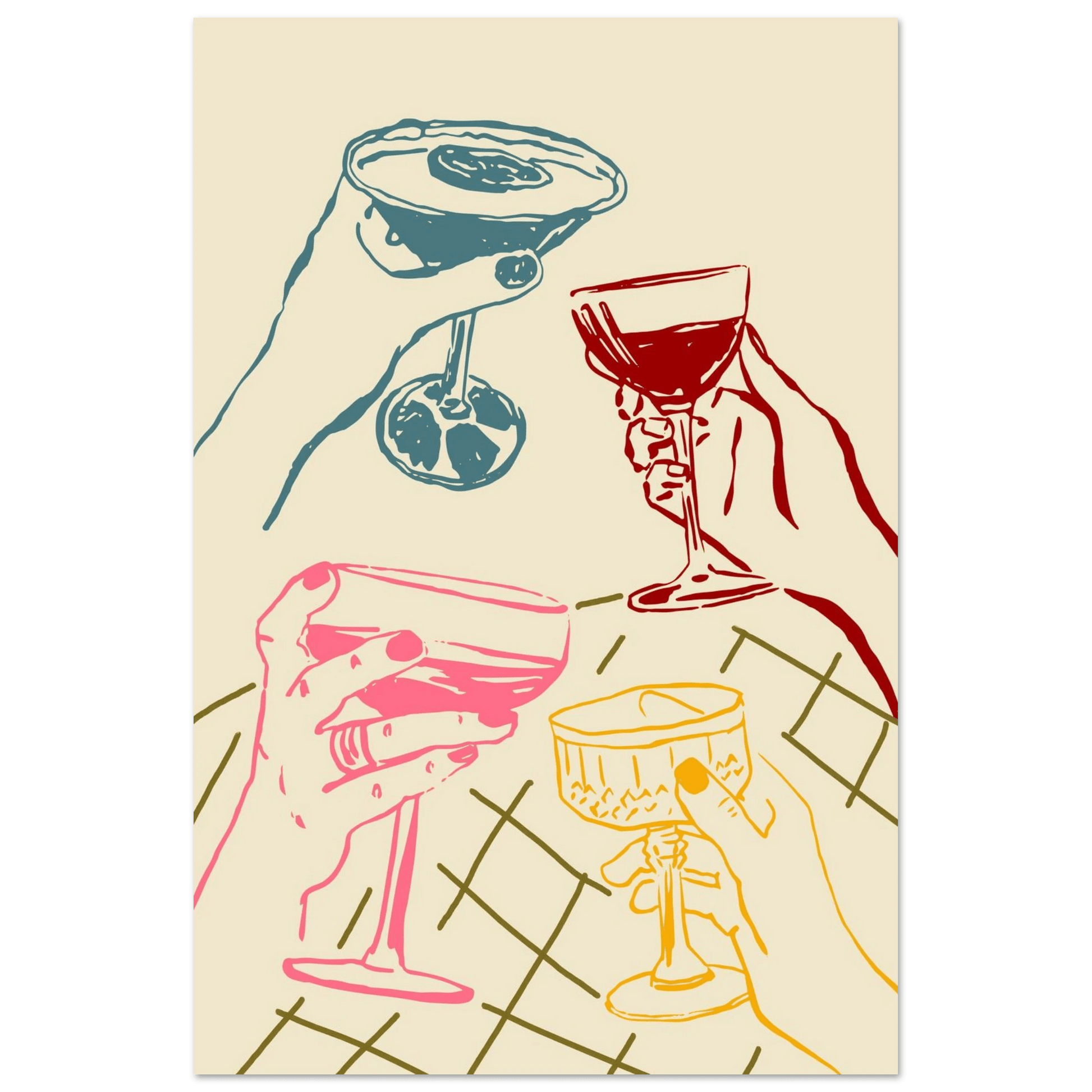 Cheers Print | Colourful Cocktail Glasses Wall Art | Kitchen Bar Poster - Evergreen Posters