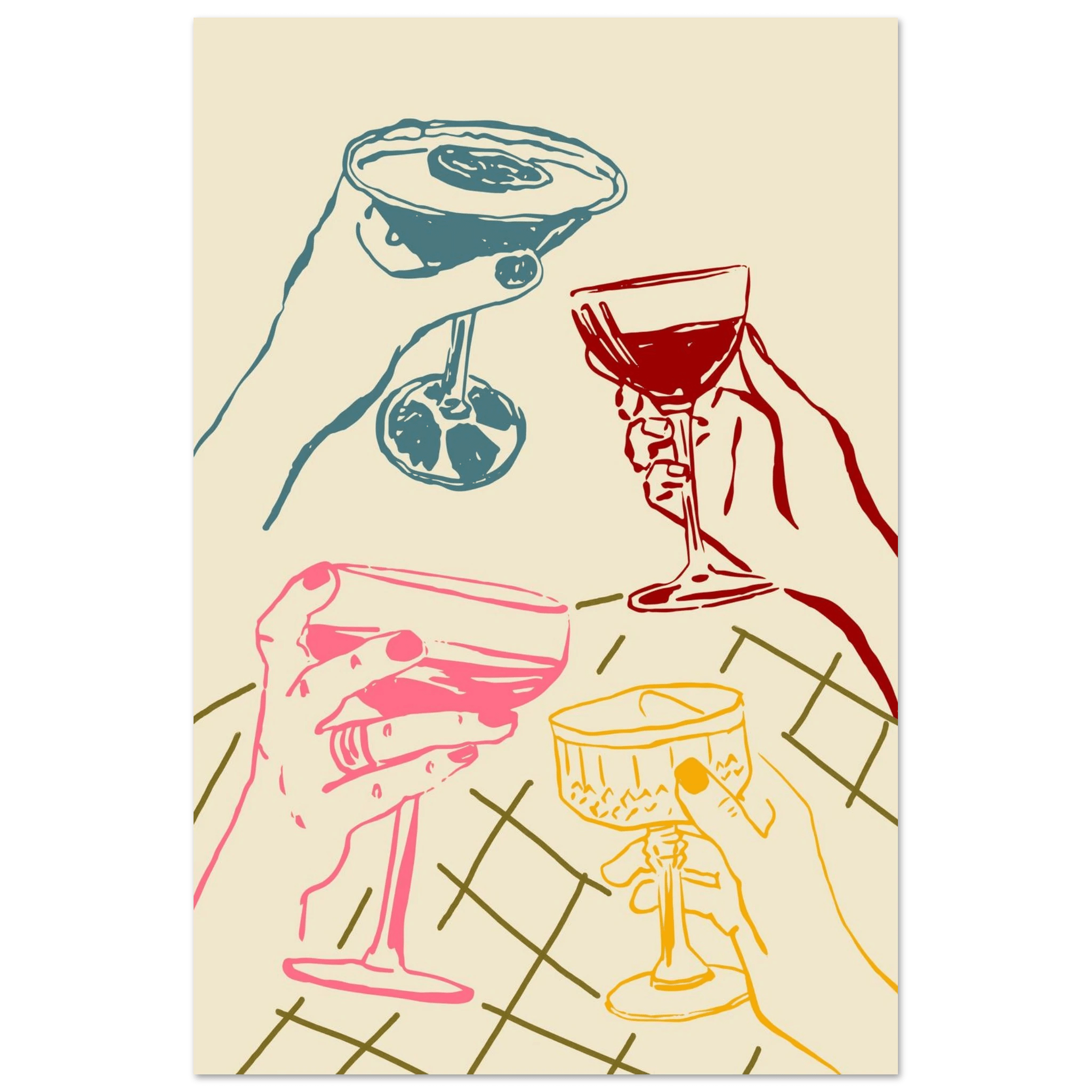 Cheers Print | Colourful Cocktail Glasses Wall Art | Kitchen Bar Poster - Evergreen Posters