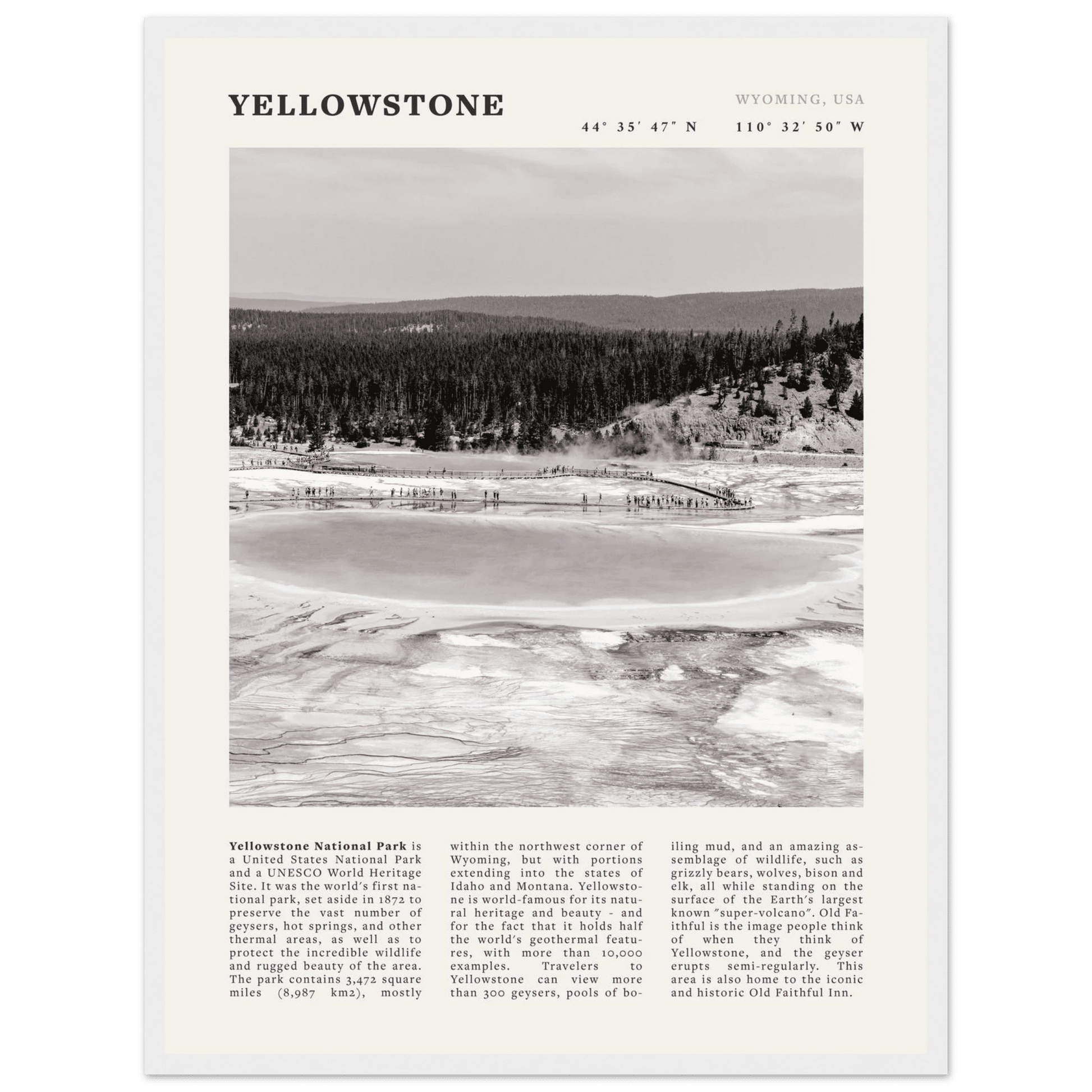 Yellowstone Poster | Black & White Grand Prismatic Spring Wall Art | WY Print - Evergreen Posters