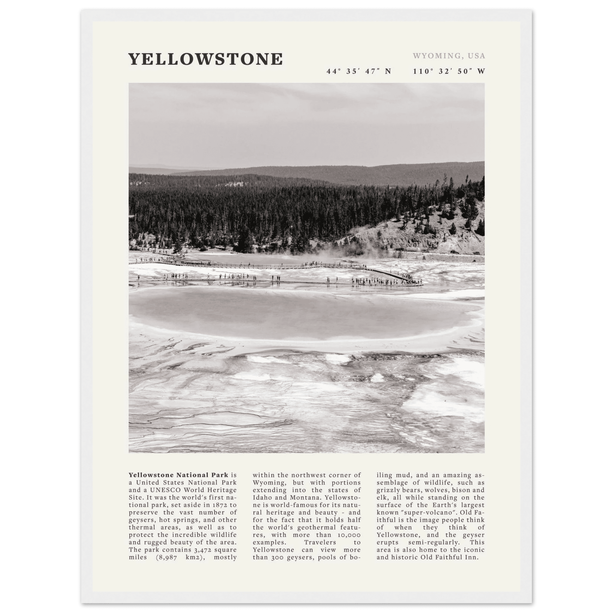 Yellowstone Poster | Black & White Grand Prismatic Spring Wall Art | WY Print - Evergreen Posters
