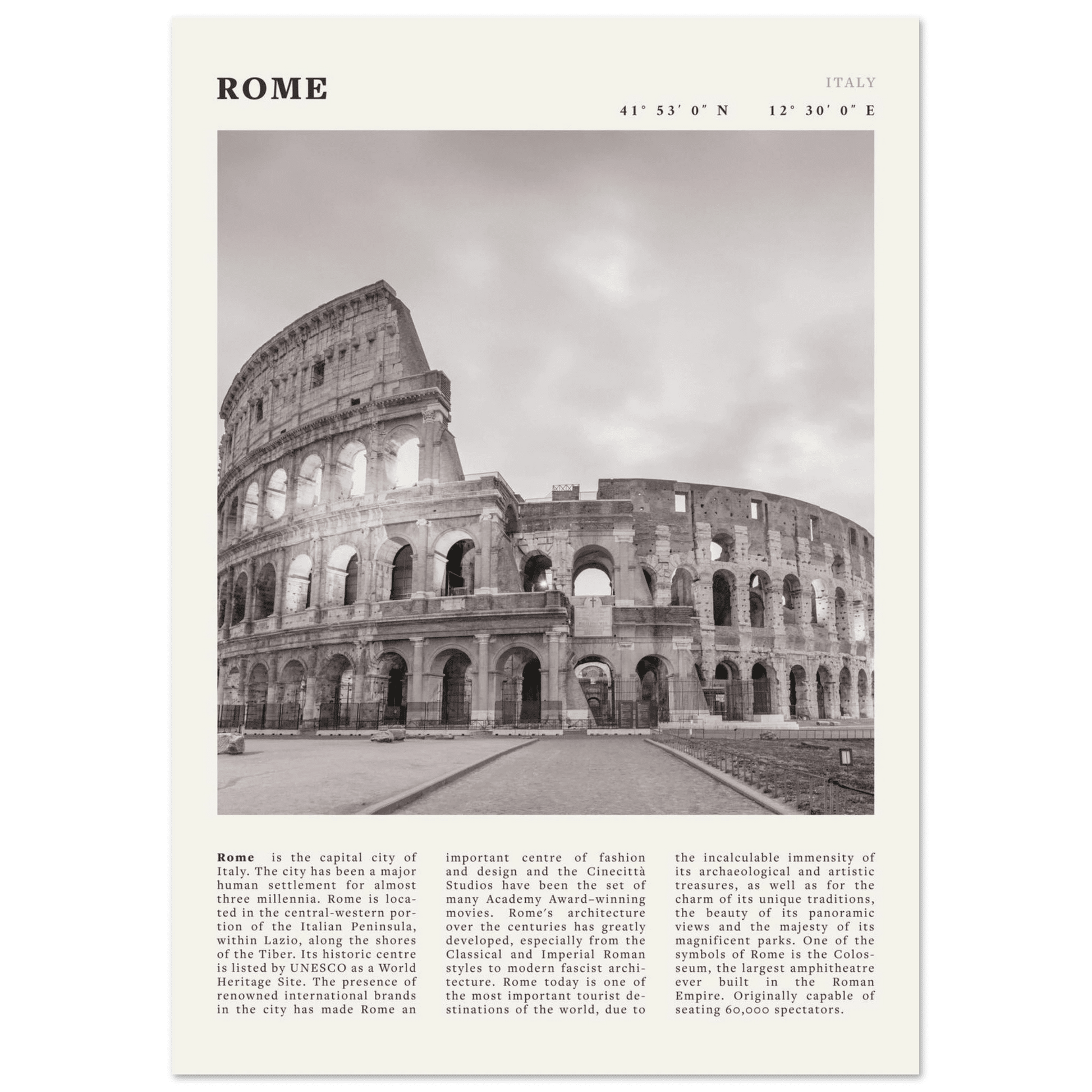 Rome Poster | Black & White Colosseum Wall Art | Italy Travel Print | Roman Decor - Evergreen Posters