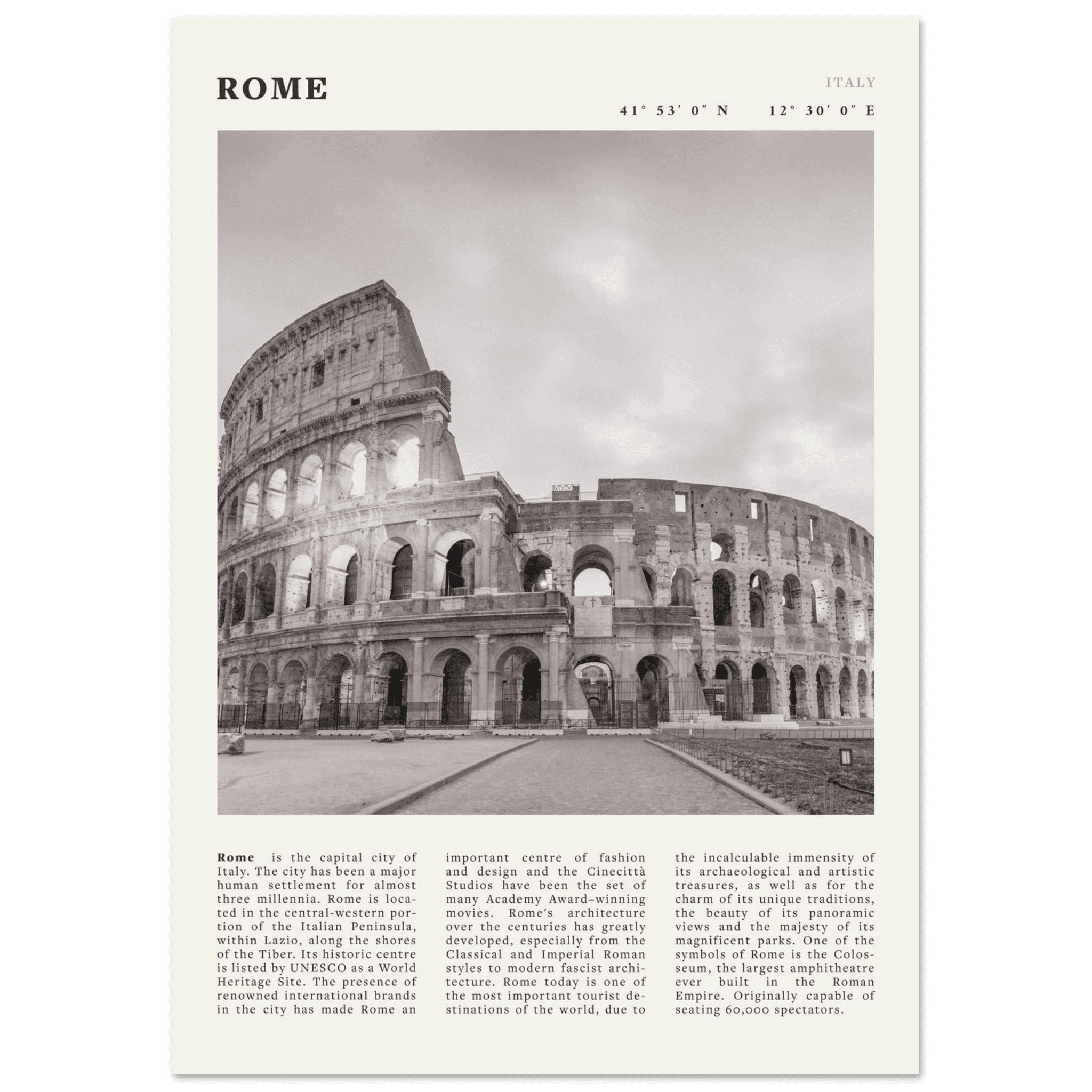 Rome Poster | Black & White Colosseum Wall Art | Italy Travel Print | Roman Decor - Evergreen Posters