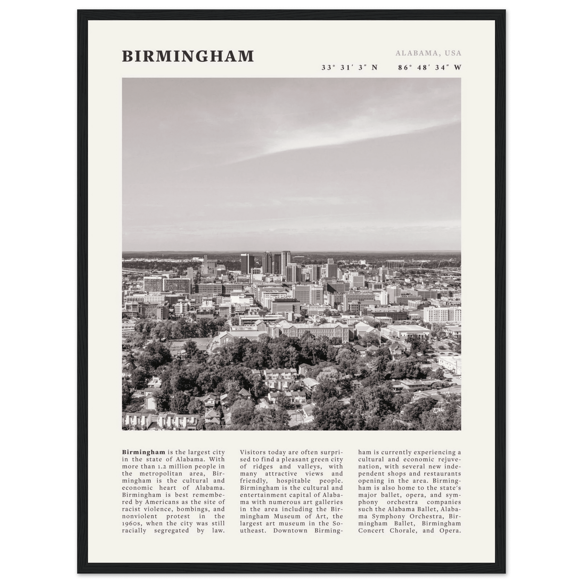 Birmingham Poster | Black & White Alabama Skyline Wall Art | AL Travel Print - Evergreen Posters