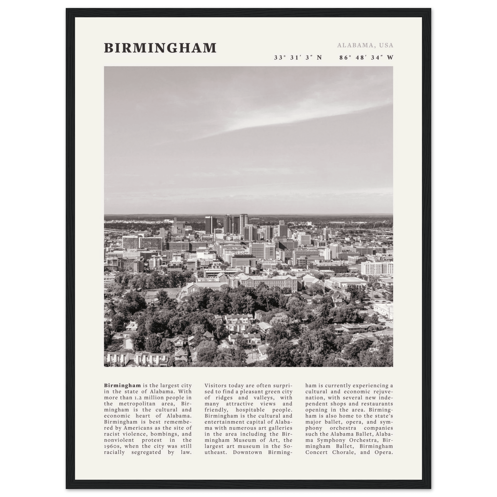 Birmingham Poster | Black & White Alabama Skyline Wall Art | AL Travel Print - Evergreen Posters